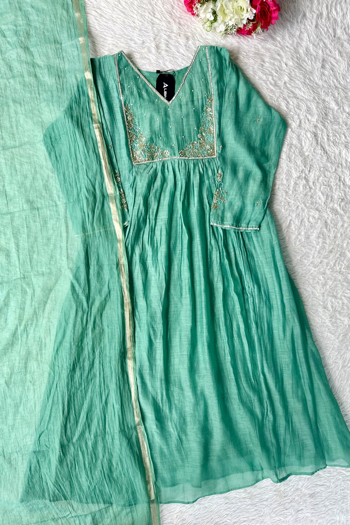 ✨ Gulnoor – Green Mul Chanderi A-Line Kurta Set with Dupatta