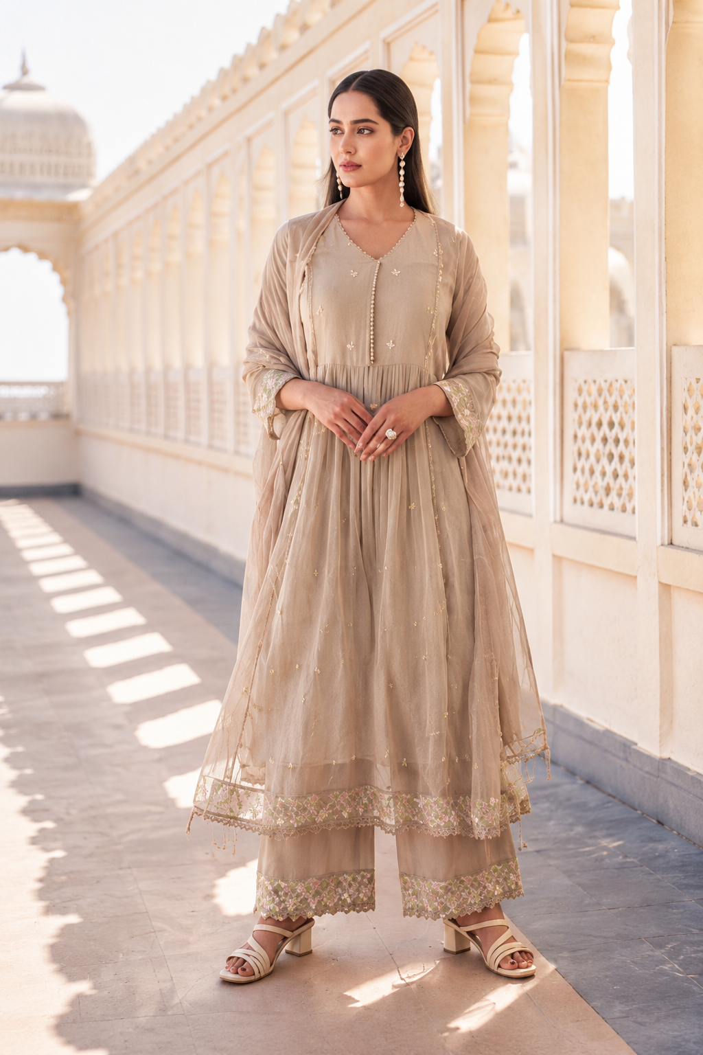 “Sana” Premium Sand Beige Cotton Embroidered Anarkali kurta set