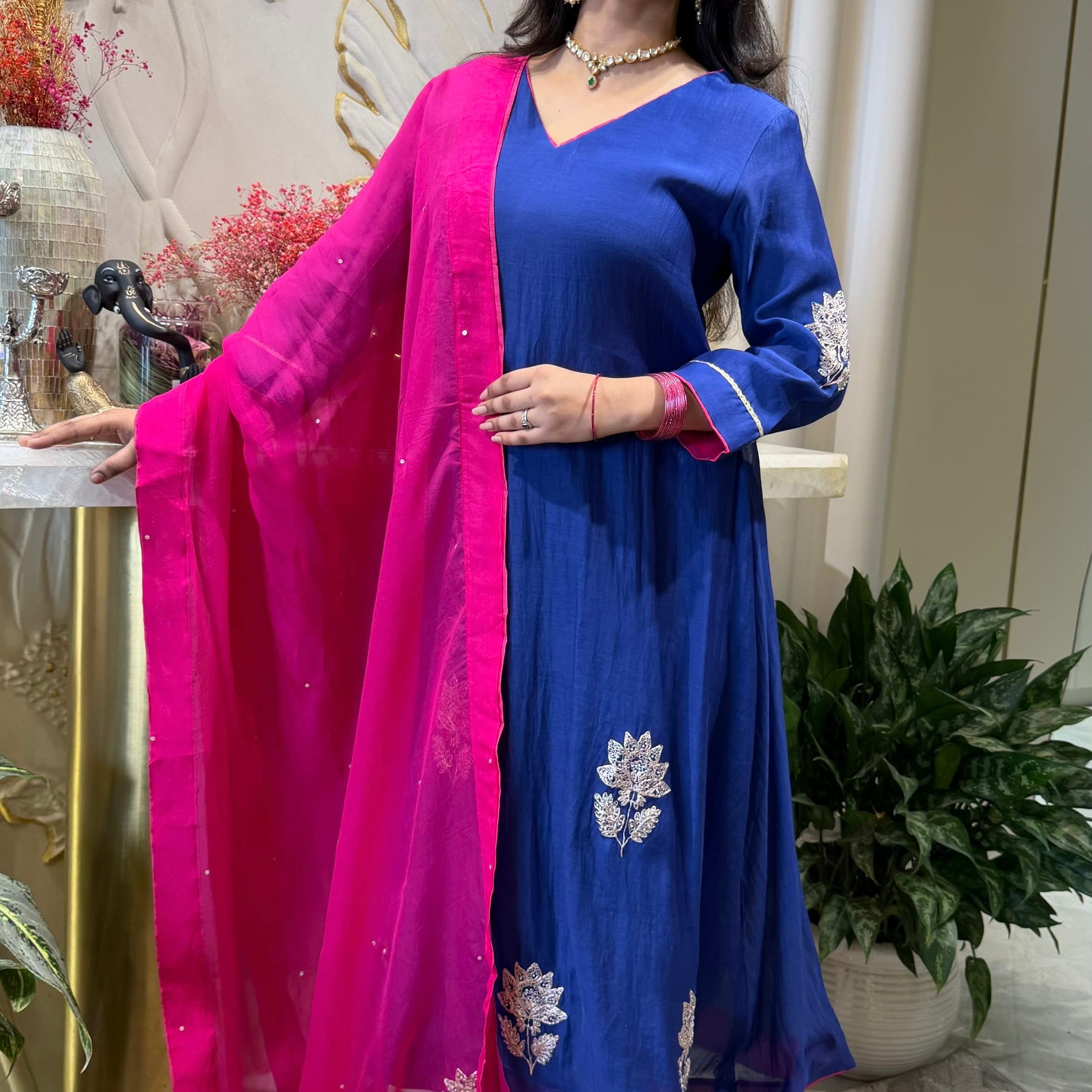 ✨Vedika - Blue Mul Chanderi A-Line Kurta set