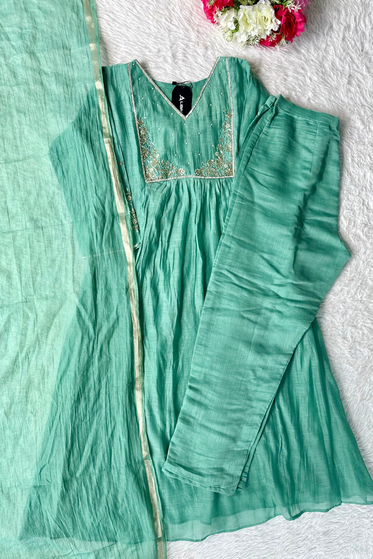 ✨ Gulnoor – Green Mul Chanderi A-Line Kurta Set with Dupatta