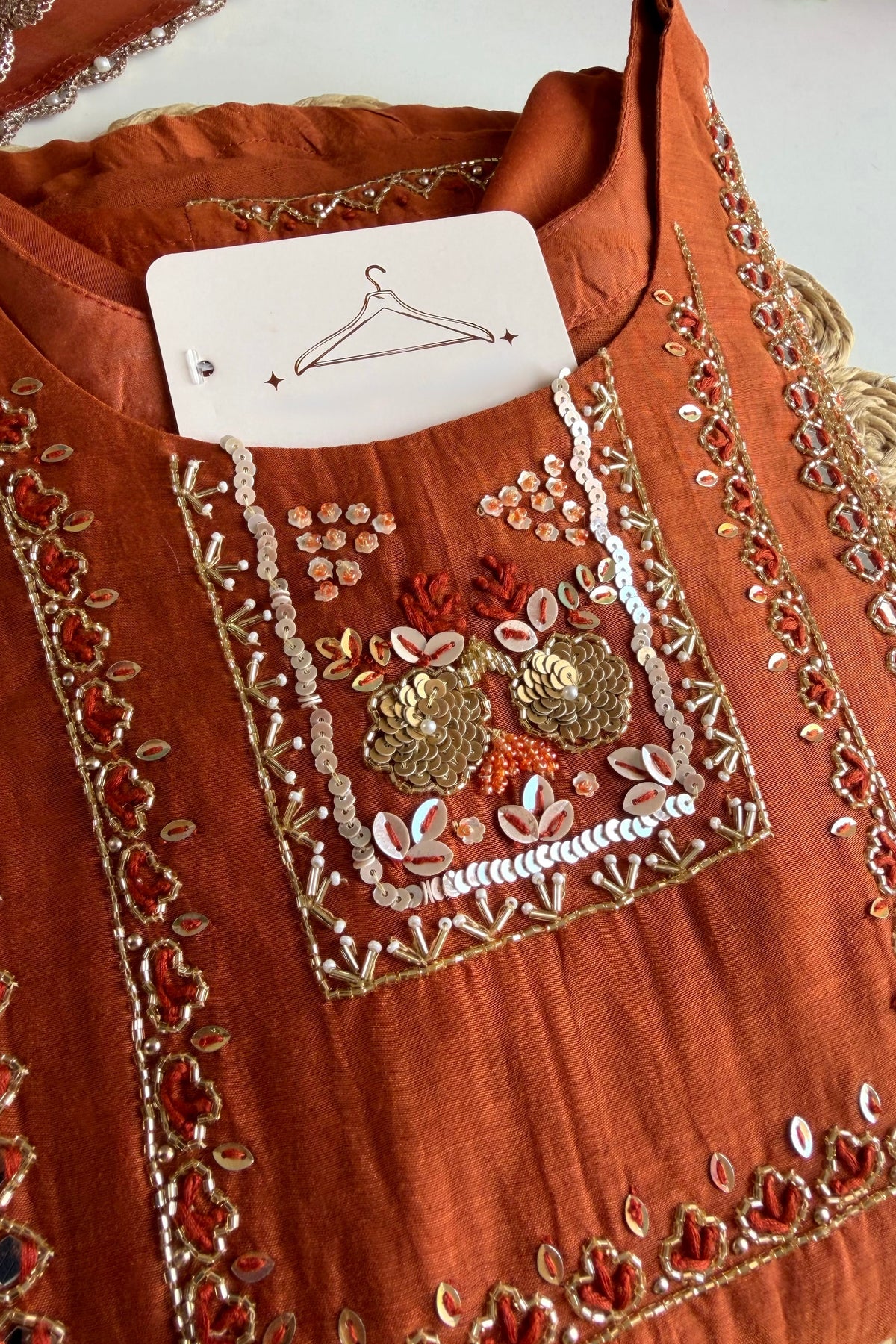 ✨”Noor - Premium Orange Mul Chanderi A-Line Kurta Set