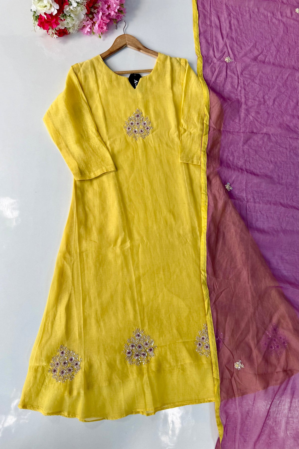 🛍️”Sinthya –  Premium Yellow Mul Chanderi A Line Kurta Set