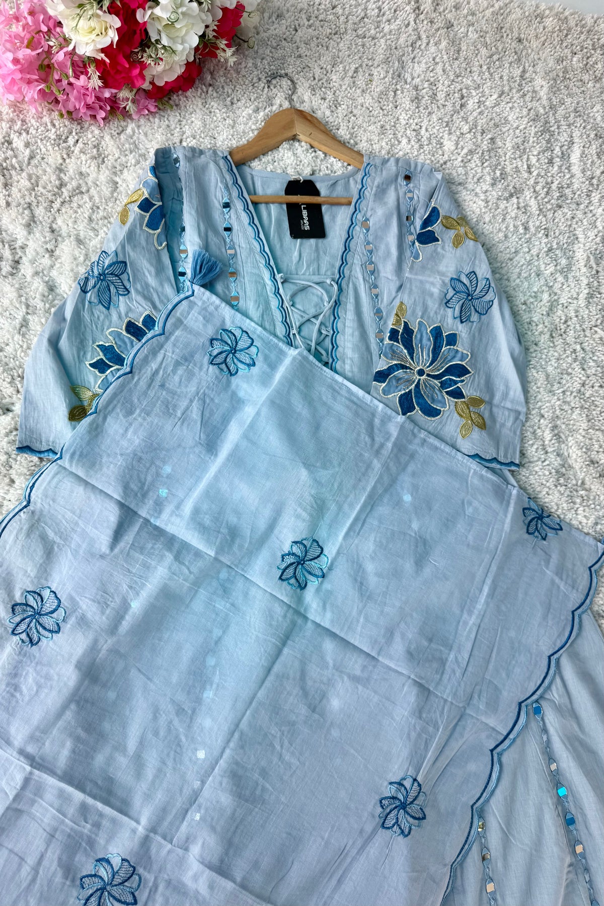 ✨AZ07 - Mirror work Powder Blue Cotton Anarkali Kurta set