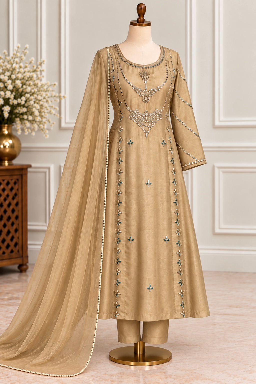 ✨Pearl – Premium Gold Beige  Mirror Work Tissue A Line Kurta Set
