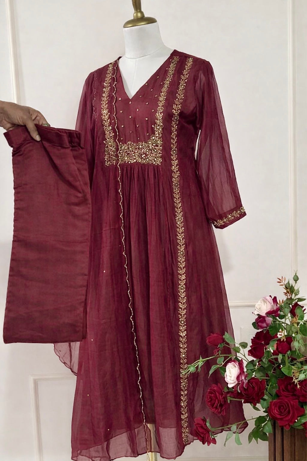 “Ayza” Pre Book Premium Maroon Mul Chanderi A Line Suit set 🛍️
