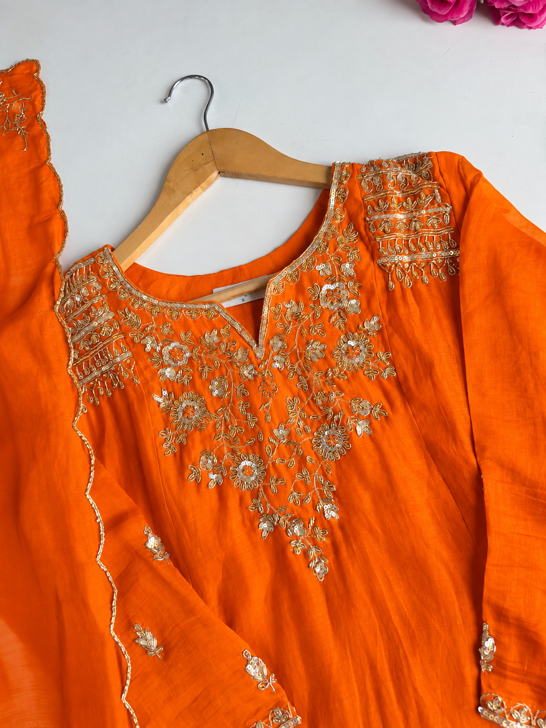 ✨”Aastha- Premium Orange Mul Chanderi A-Line Kurta Sets