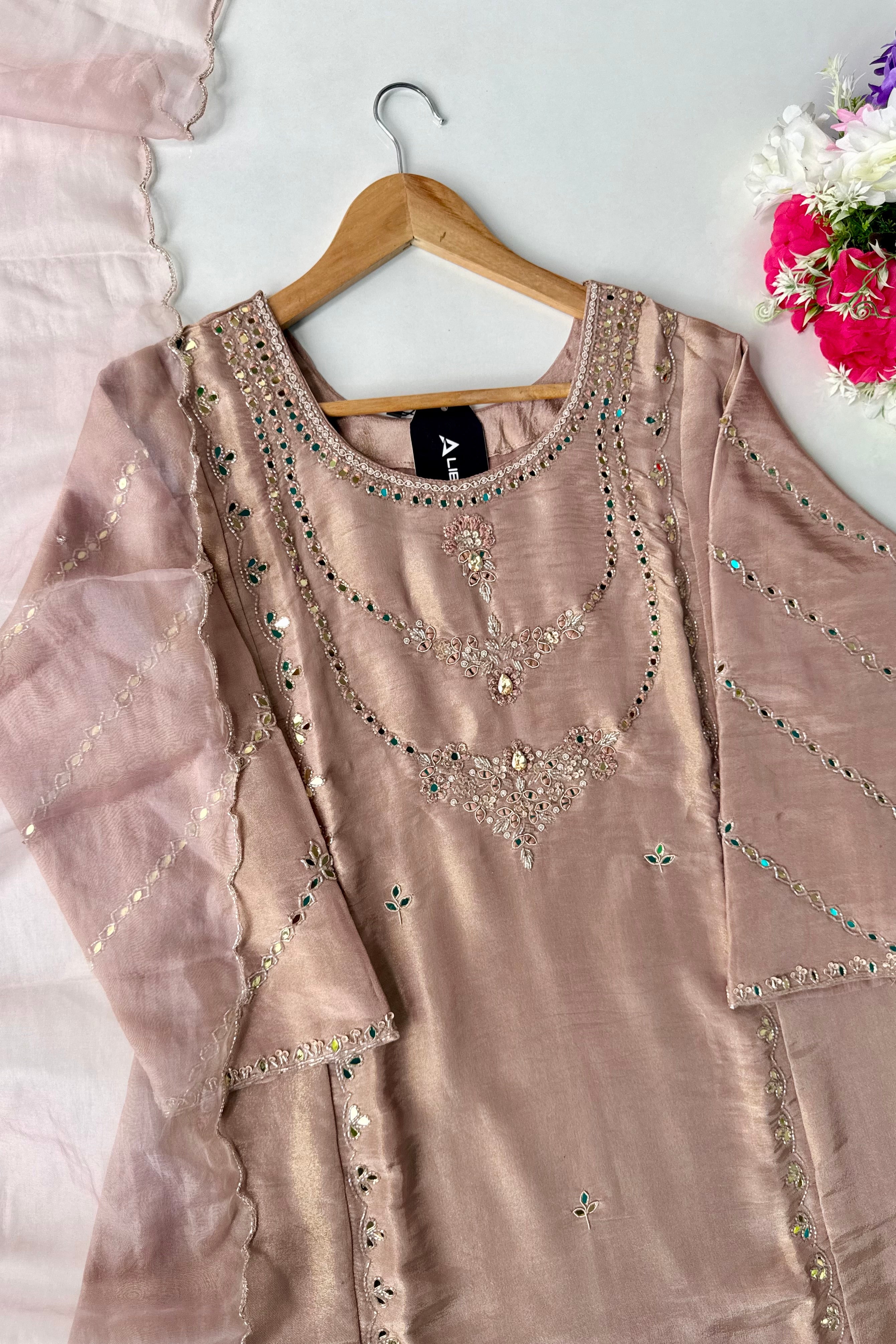 “Ayeza” Premium Tissue Mirror Work A Line Suit set 🛍️