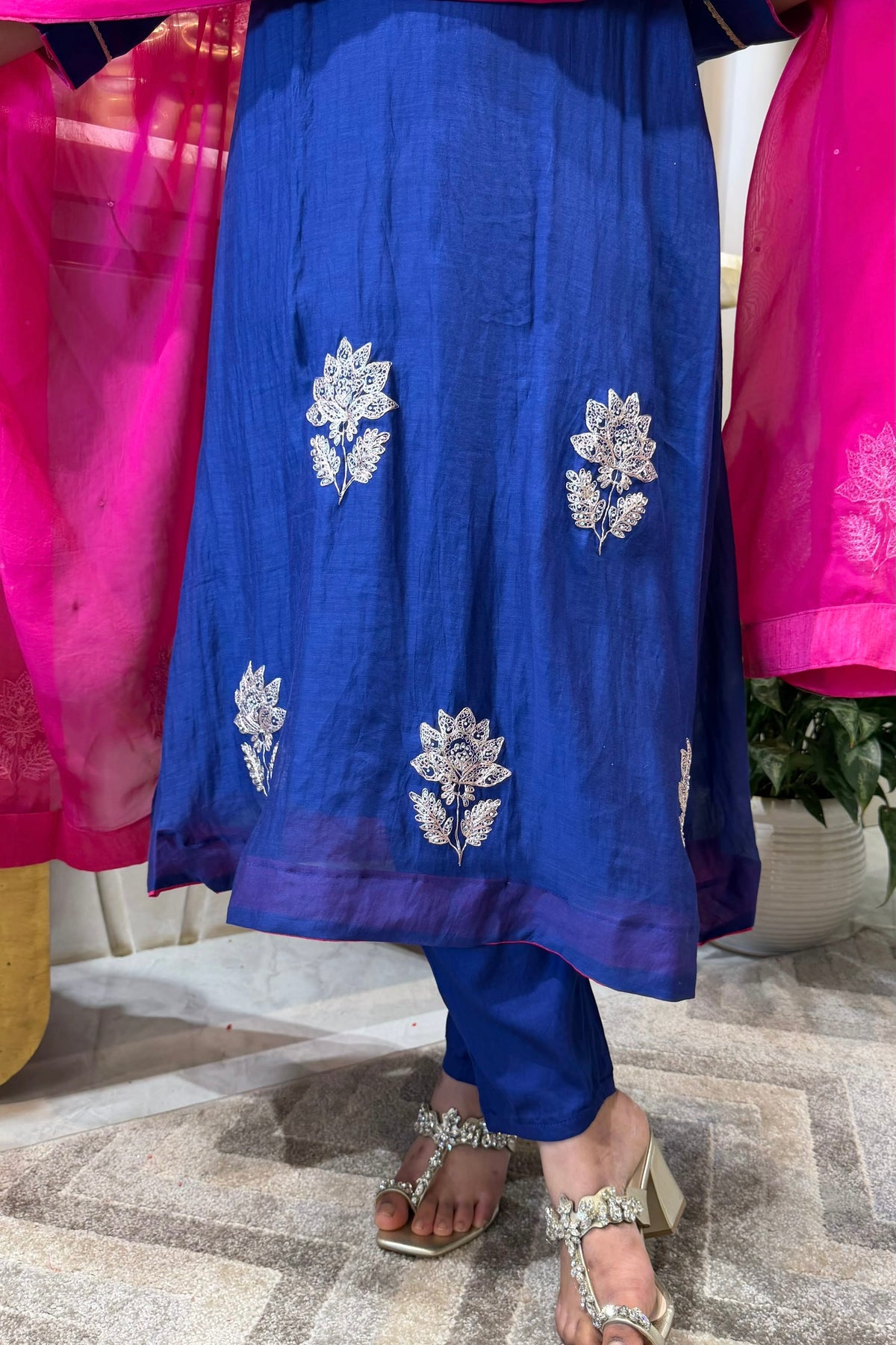 ✨Vedika - Blue Mul Chanderi A-Line Kurta set