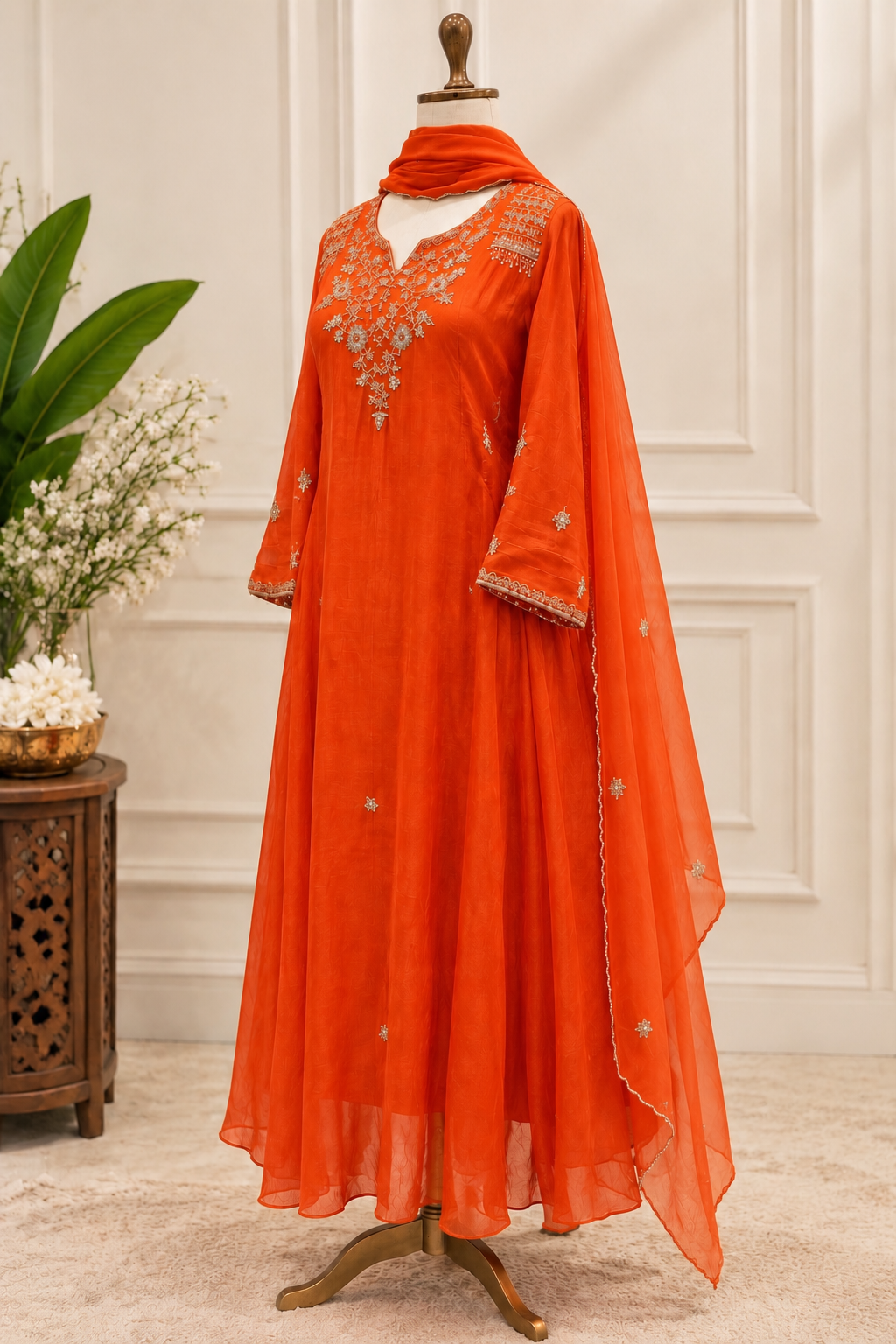 ✨”Aastha- Premium Orange Mul Chanderi A-Line Kurta Set