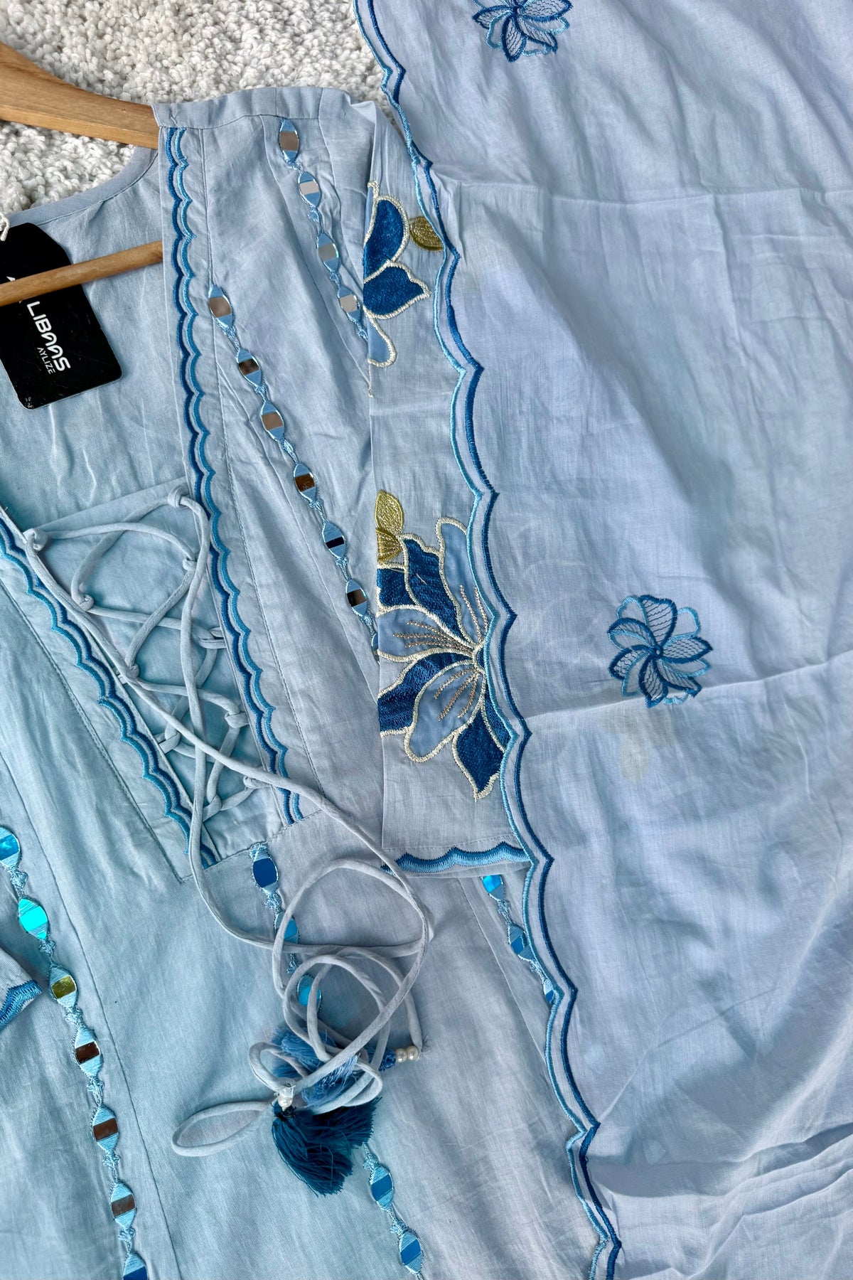 ✨AZ07 - Mirror work Powder Blue Cotton Anarkali Kurta set