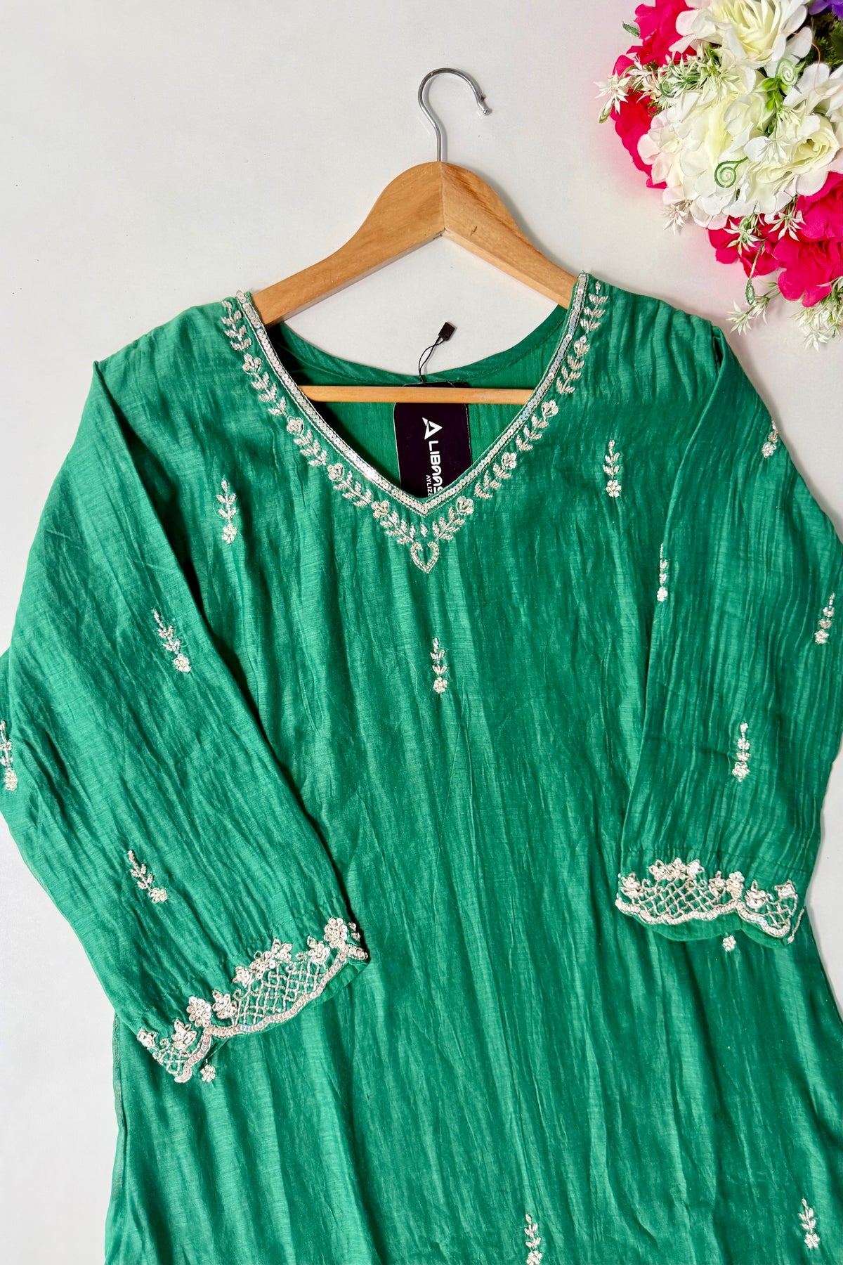 ✨”Eshal - Premium Green Mul Chanderi A-Line Kurta Set