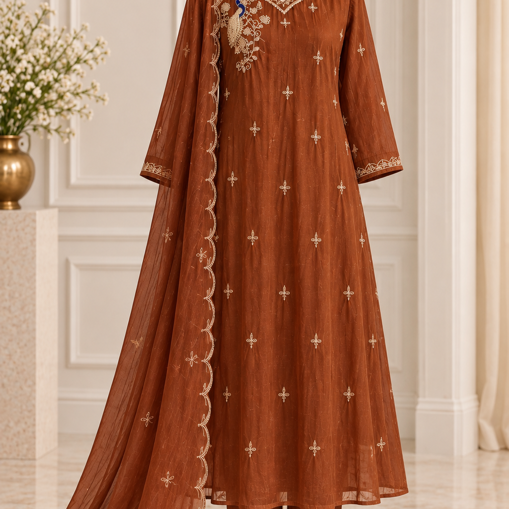✨Norah- Premium Chocolate Brown Mul Chanderi A Line Kurta Set ✨