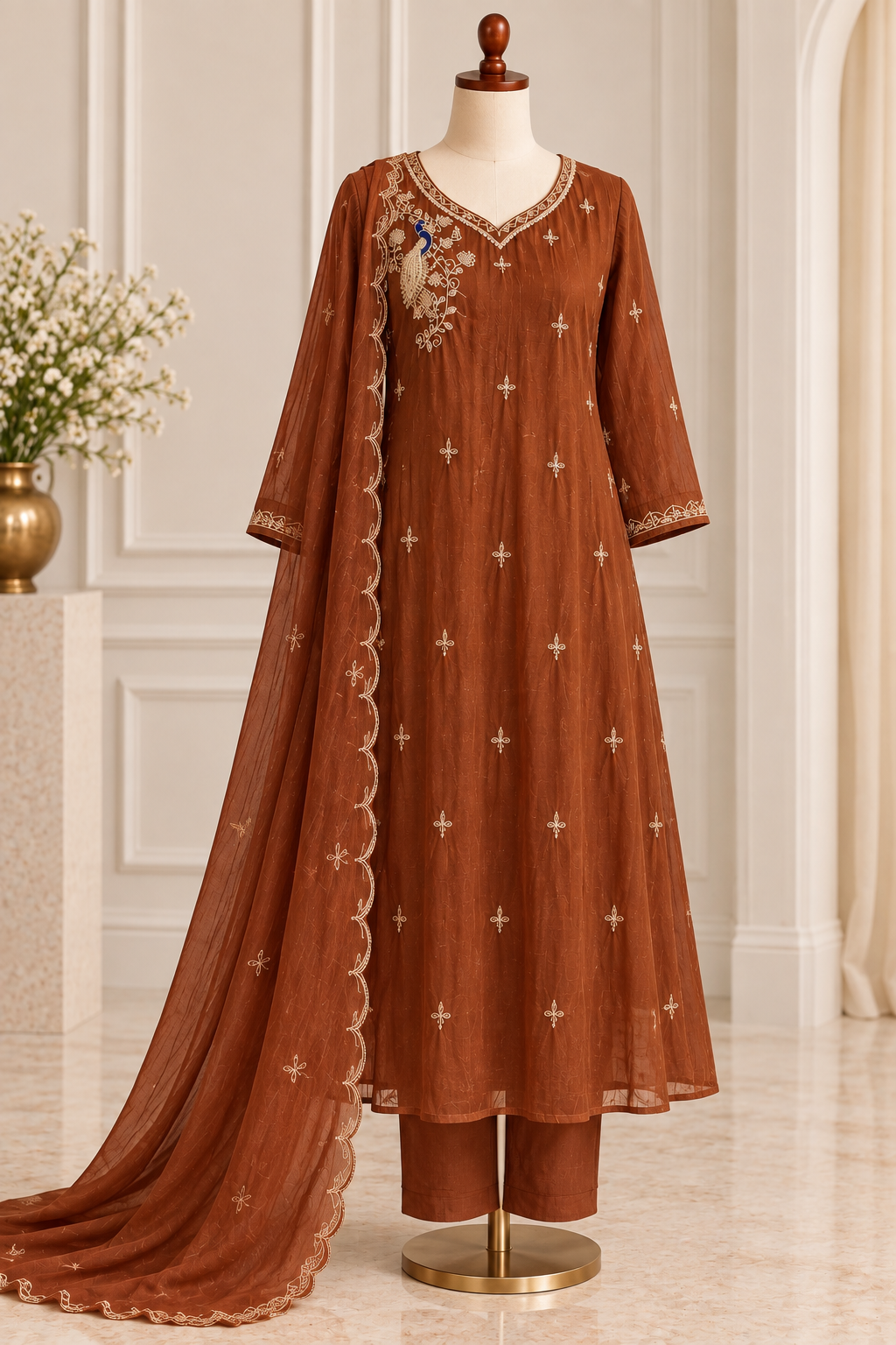 ✨Norah- Premium Chocolate Brown Mul Chanderi A Line Kurta Set ✨