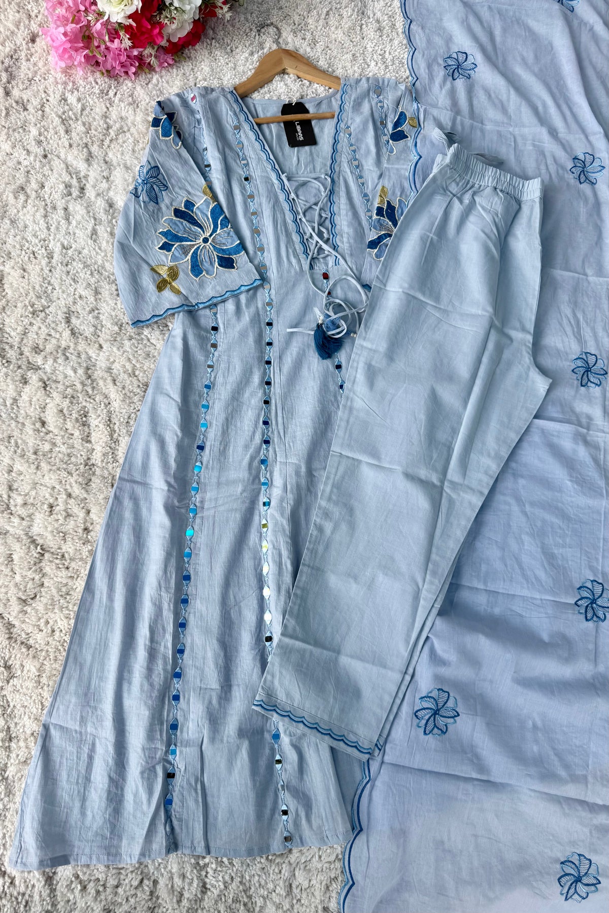 ✨AZ07 - Mirror work Powder Blue Cotton Anarkali Kurta set