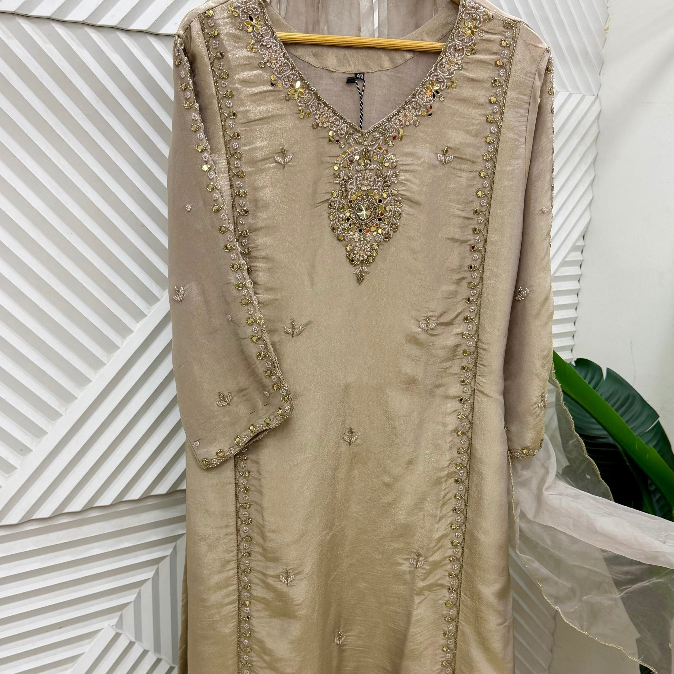 ✨Pearl – Premium Blush Mirror Work Tissue A Line Kurta Sets