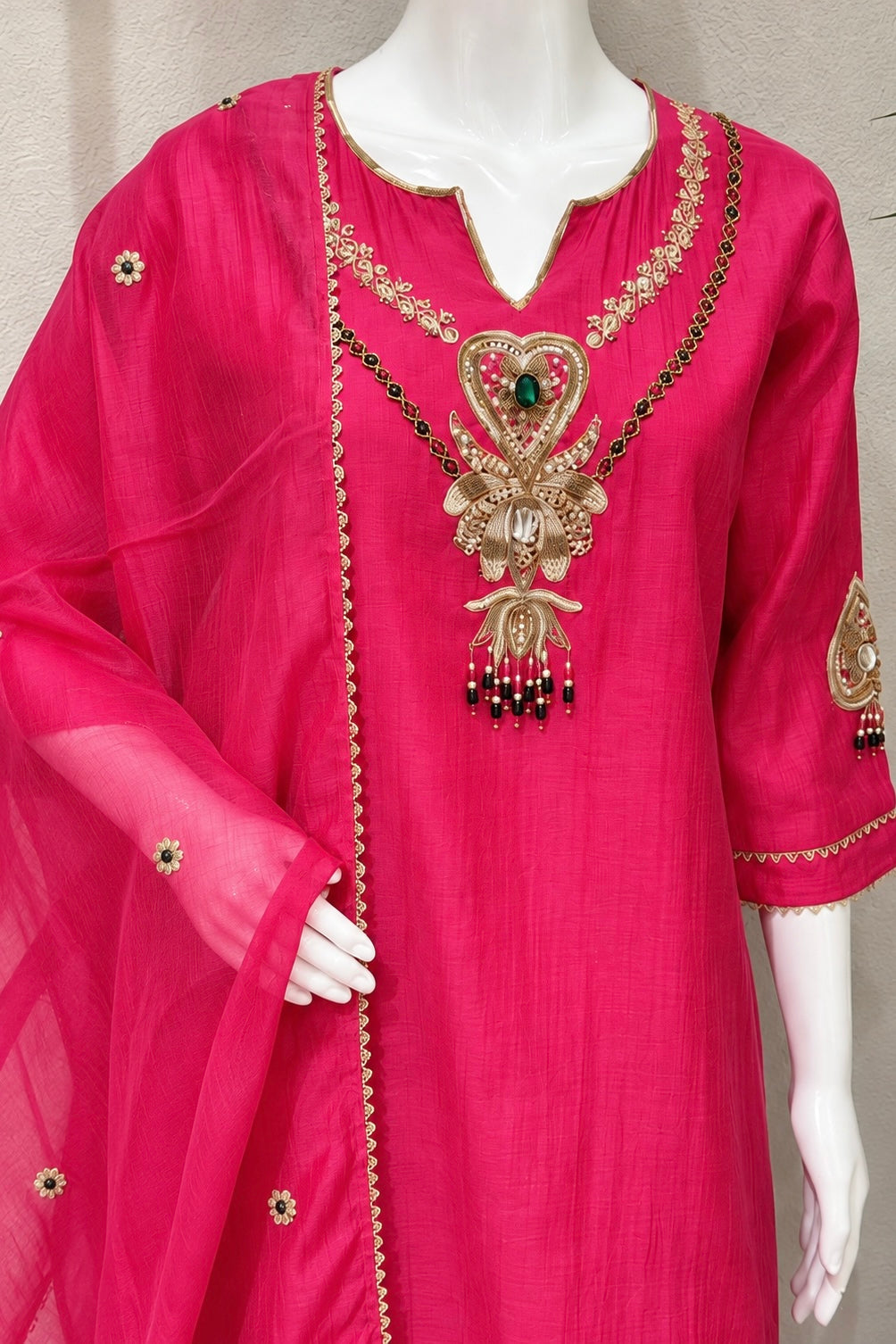 ✨”Palak - Premium Royal Pink Mul Chanderi A-Line Kurta Set