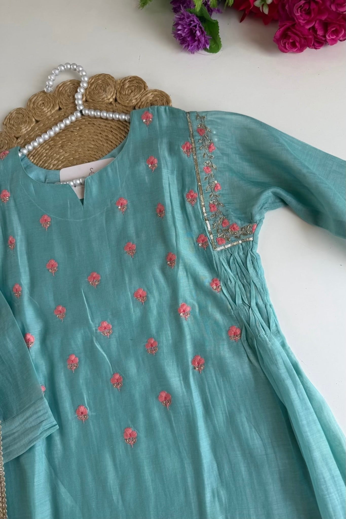 🛍️”Delilah – Premium Aqua Green Mul Chanderi A Line Kurta Set