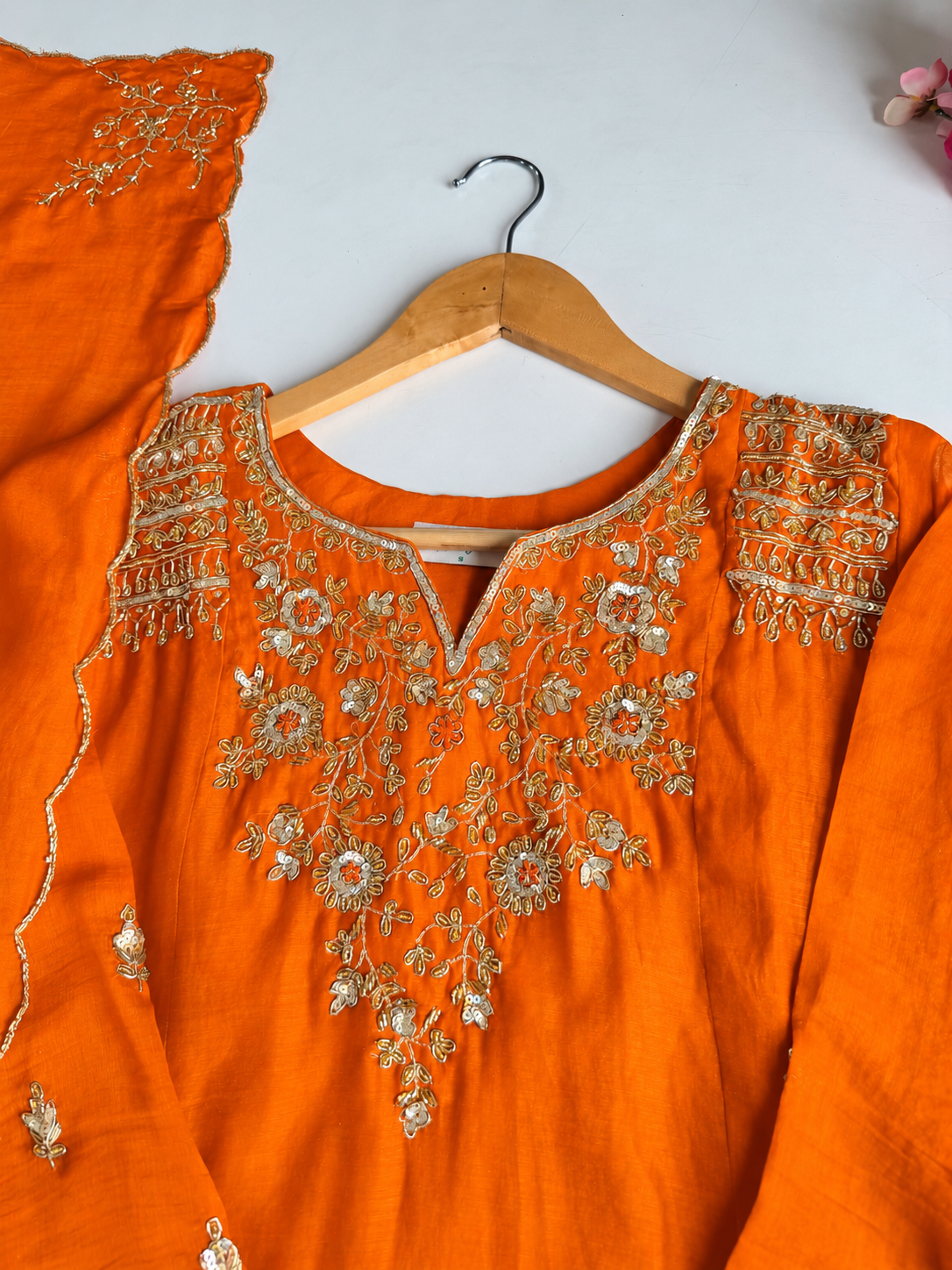 ✨”Aastha- Premium Orange Mul Chanderi A-Line Kurta Sets