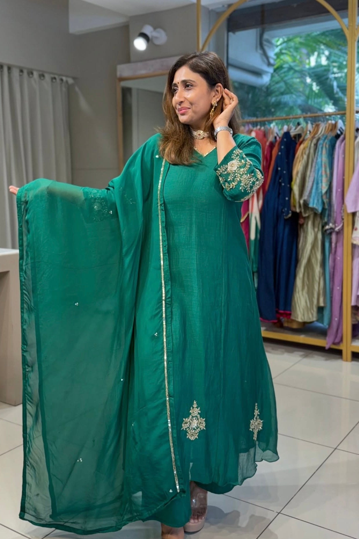 ✨”Zaria -Green Mul Chanderi A-Line Kurta Set