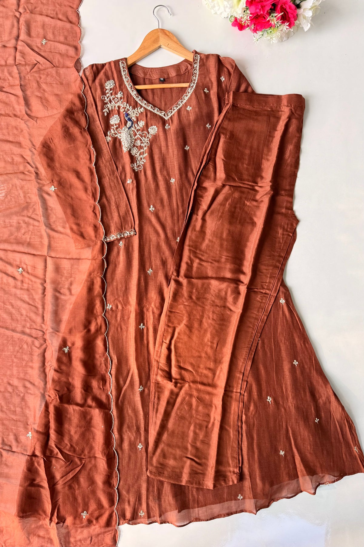✨”Nora - Premium Chocolate Brown Mul Chanderi A Line Kurta Set