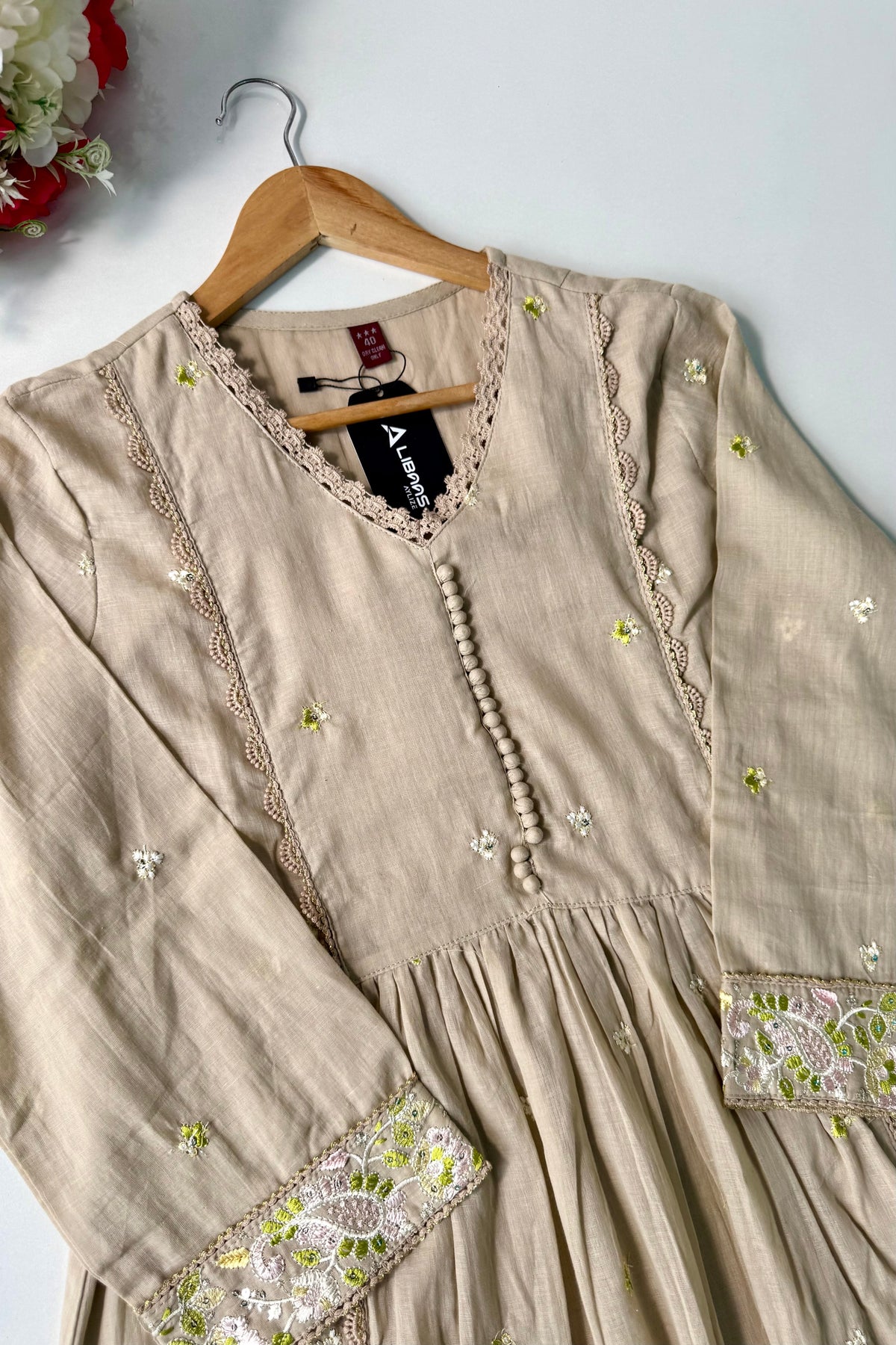“Sana” Premium Sand Beige Cotton Embroidered Anarkali kurta set