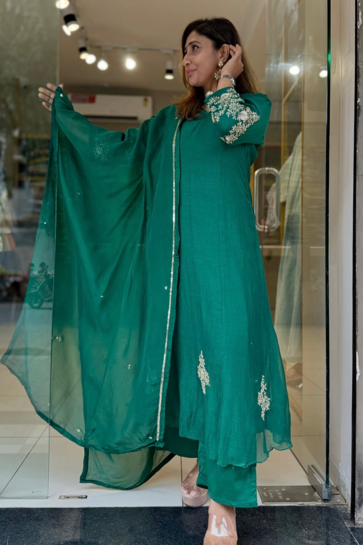 ✨”Zaria -Green Mul Chanderi A-Line Kurta Set