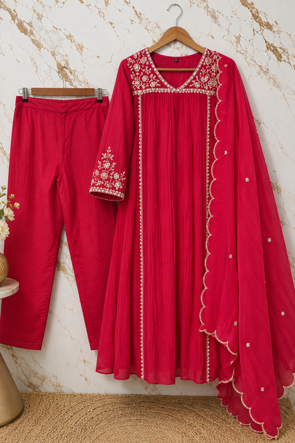 Roz- Premium Red Mul Chanderi A Line Kurta Set ✨