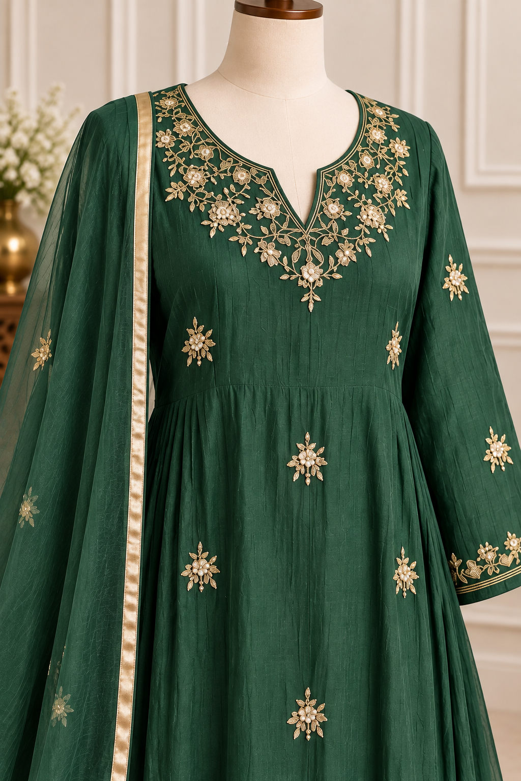✨Zoes- Premium Bottle Green Mul Chanderi A Line Kurta Set ✨