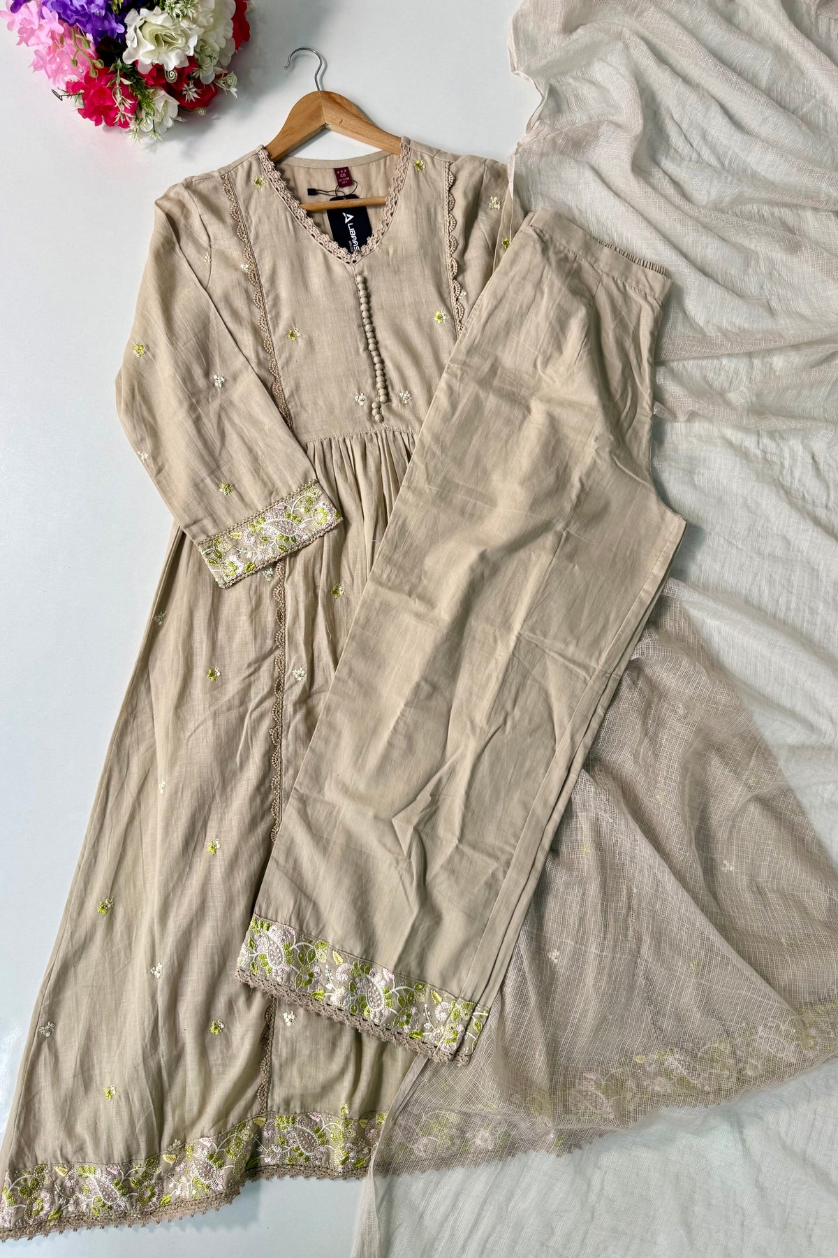 “Sana” Premium Sand Beige Cotton Embroidered Anarkali kurta set