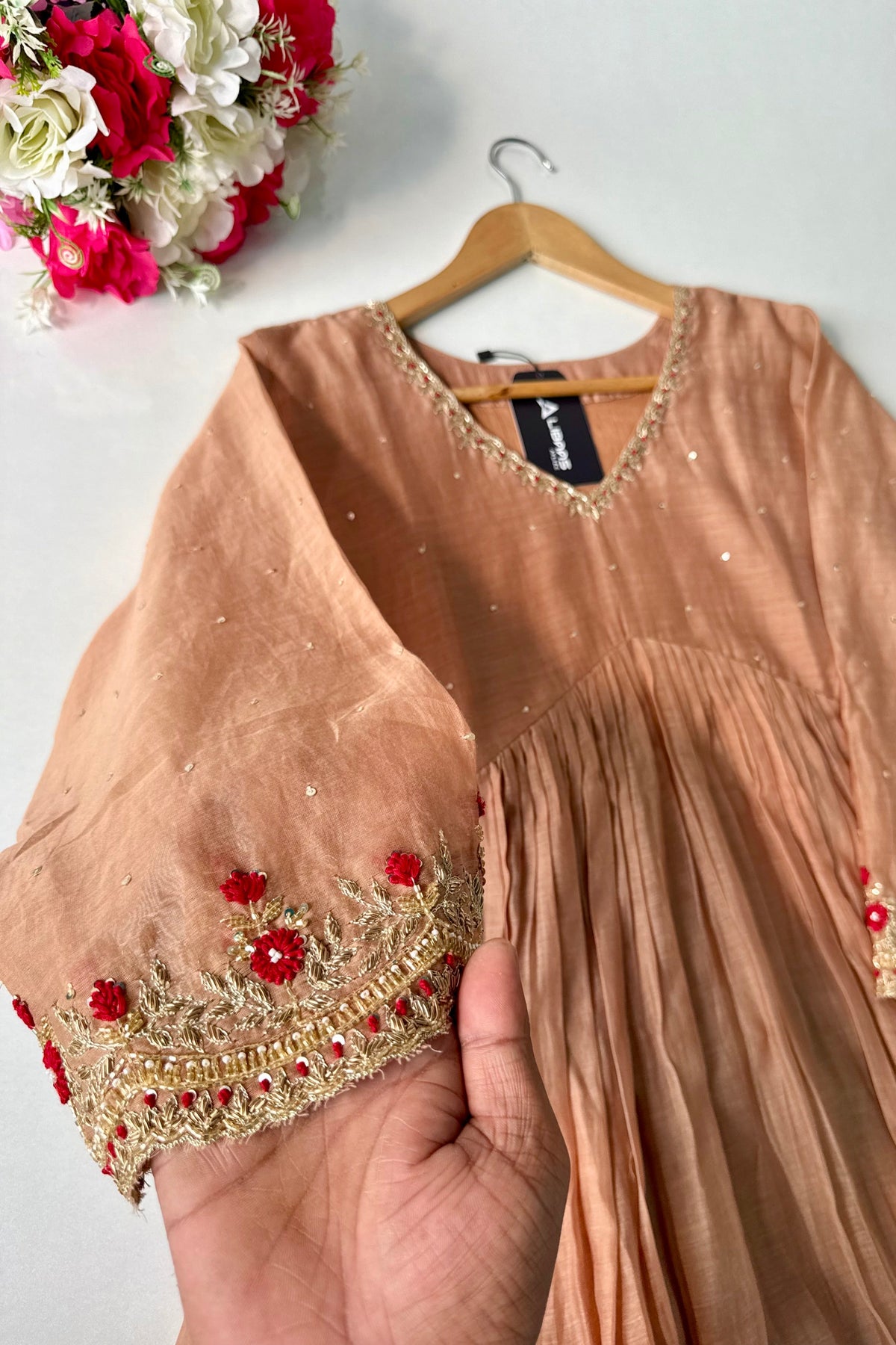 ✨”Almond- Honey Almond Mul Chanderi A-Line Kurta Set
