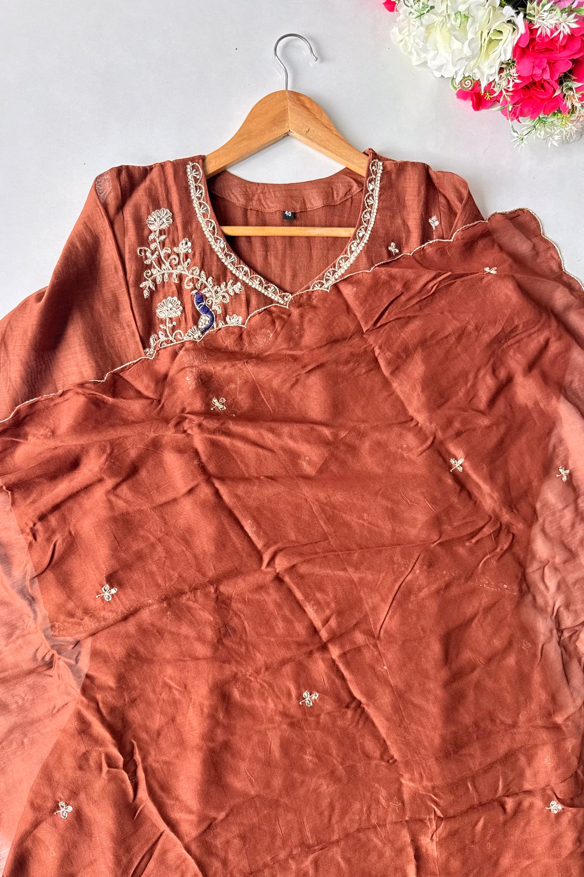 ✨”Nora - Premium Chocolate Brown Mul Chanderi A Line Kurta Set