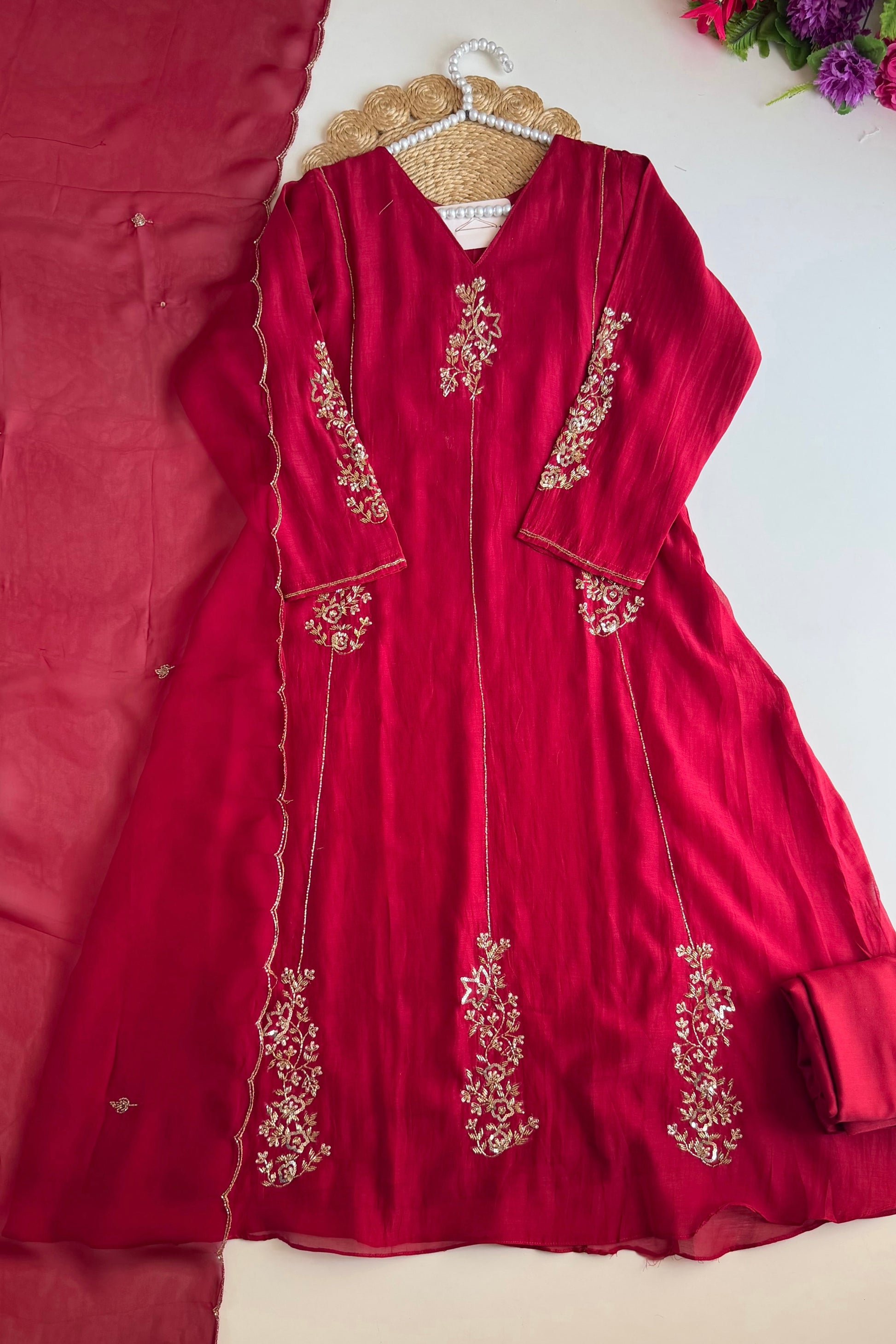 ✨”Rida - Premium Red Mul Chanderi A-Line Kurta Set