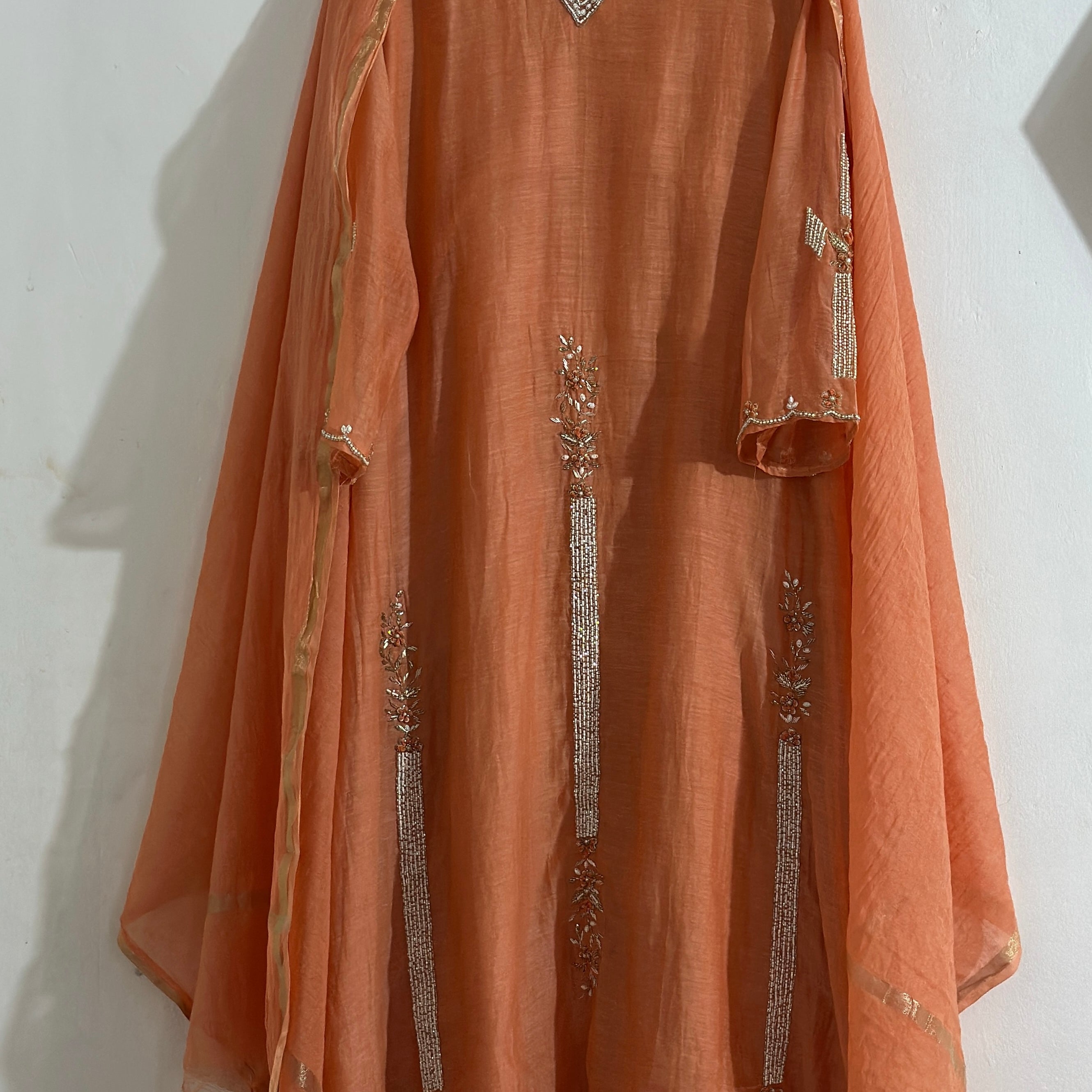 ✨ Mishka- Premium Coral Peach Mul Chanderi A Line Kurta Set