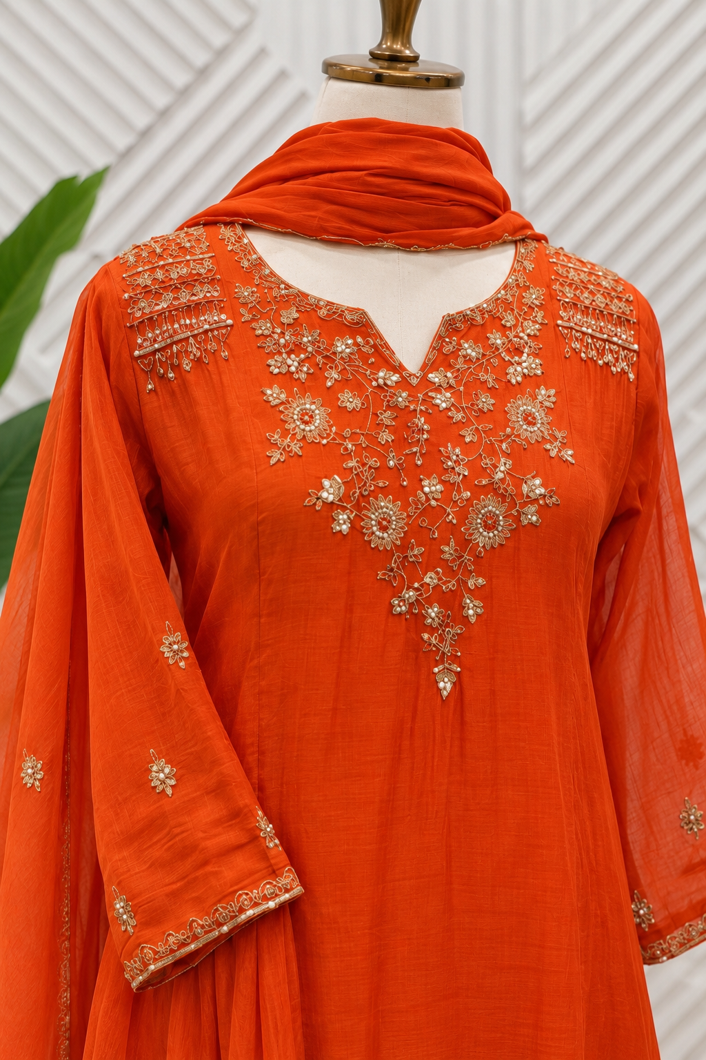 ✨”Aastha- Premium Orange Mul Chanderi A-Line Kurta Set