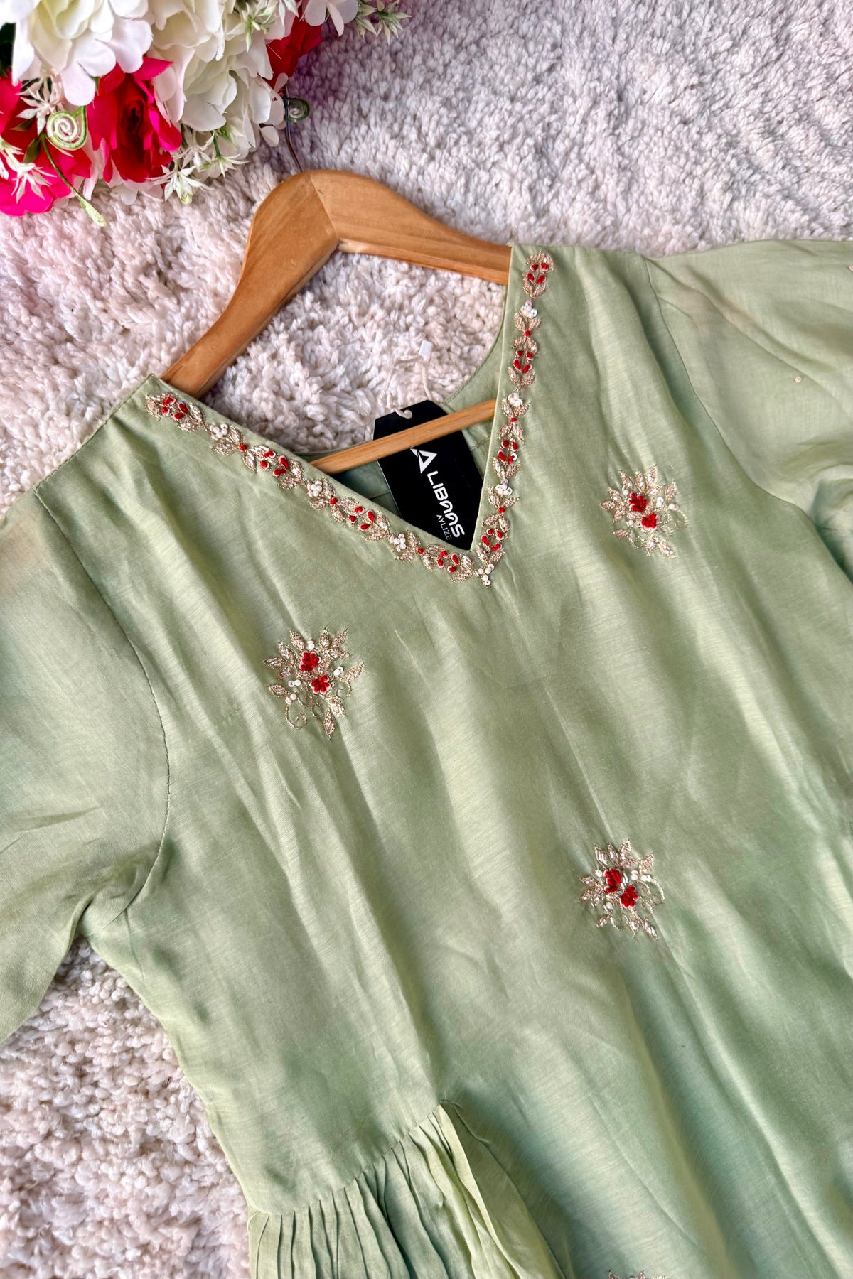 ✨Aabira – Premium Pista Green Mul Chanderi Anarkali kurti set