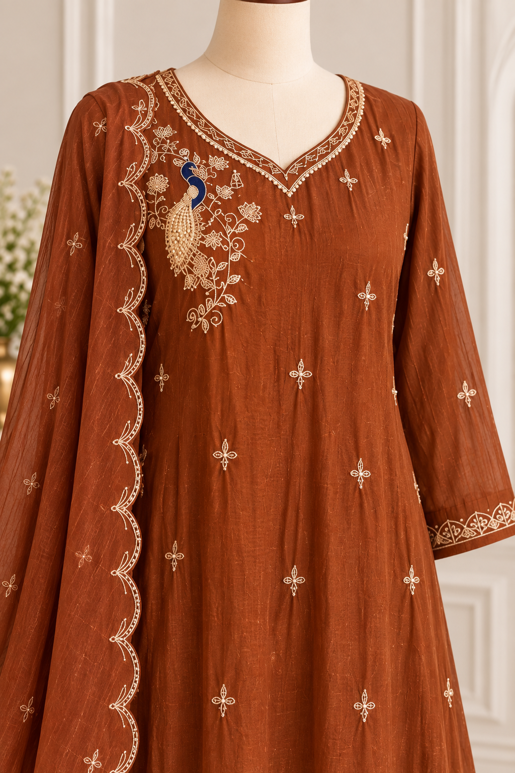 ✨Norah- Premium Chocolate Brown Mul Chanderi A Line Kurta Set ✨
