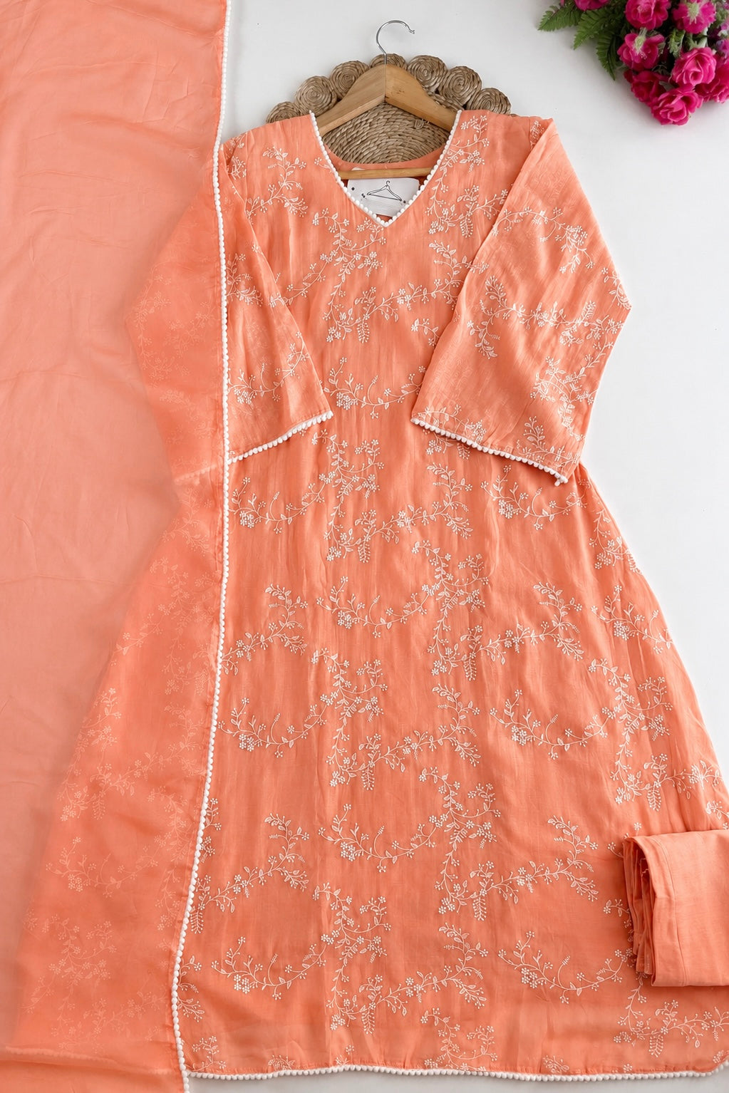 “Elina” Blush Peach Crushed Chanderi A Line Suit set 🛍️
