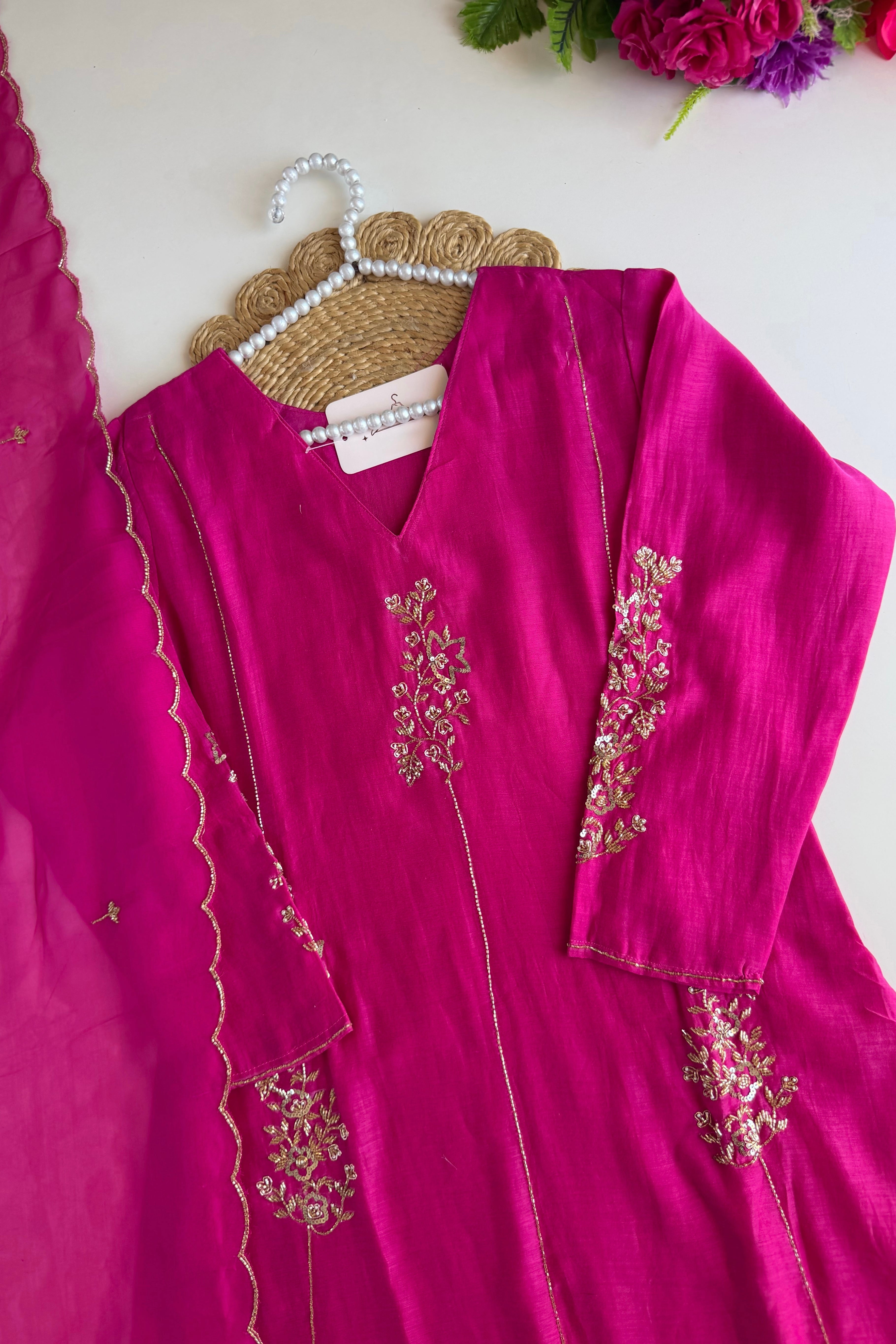 ✨”Rida - Premium Pink Mul Chanderi A-Line Kurta Set
