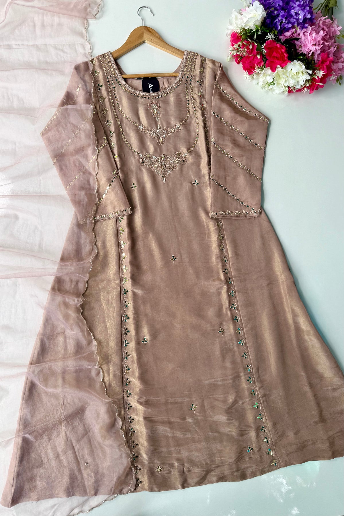 “Ayeza” Premium Tissue Mirror Work A Line Suit set 🛍️