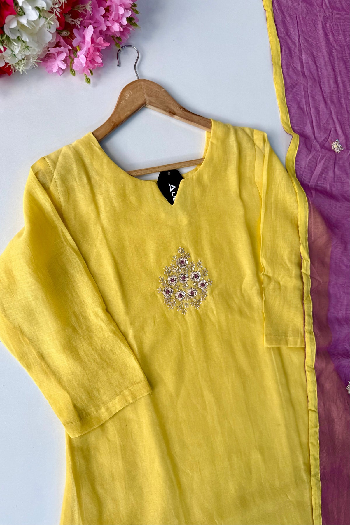 🛍️”Sinthya –  Premium Yellow Mul Chanderi A Line Kurta Set
