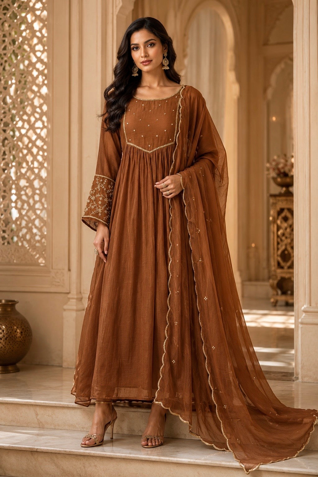 ✨”Cocoa– Premium Brown Mul Chanderi A-Line Kurta Set✨