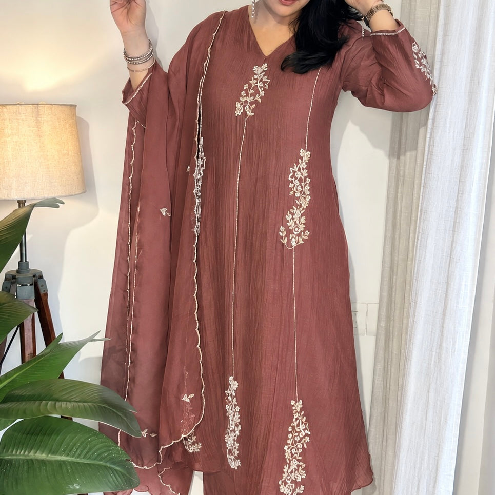✨”Rida - Premium Rose Brown Mul Chanderi A-Line Kurta Set 🍂