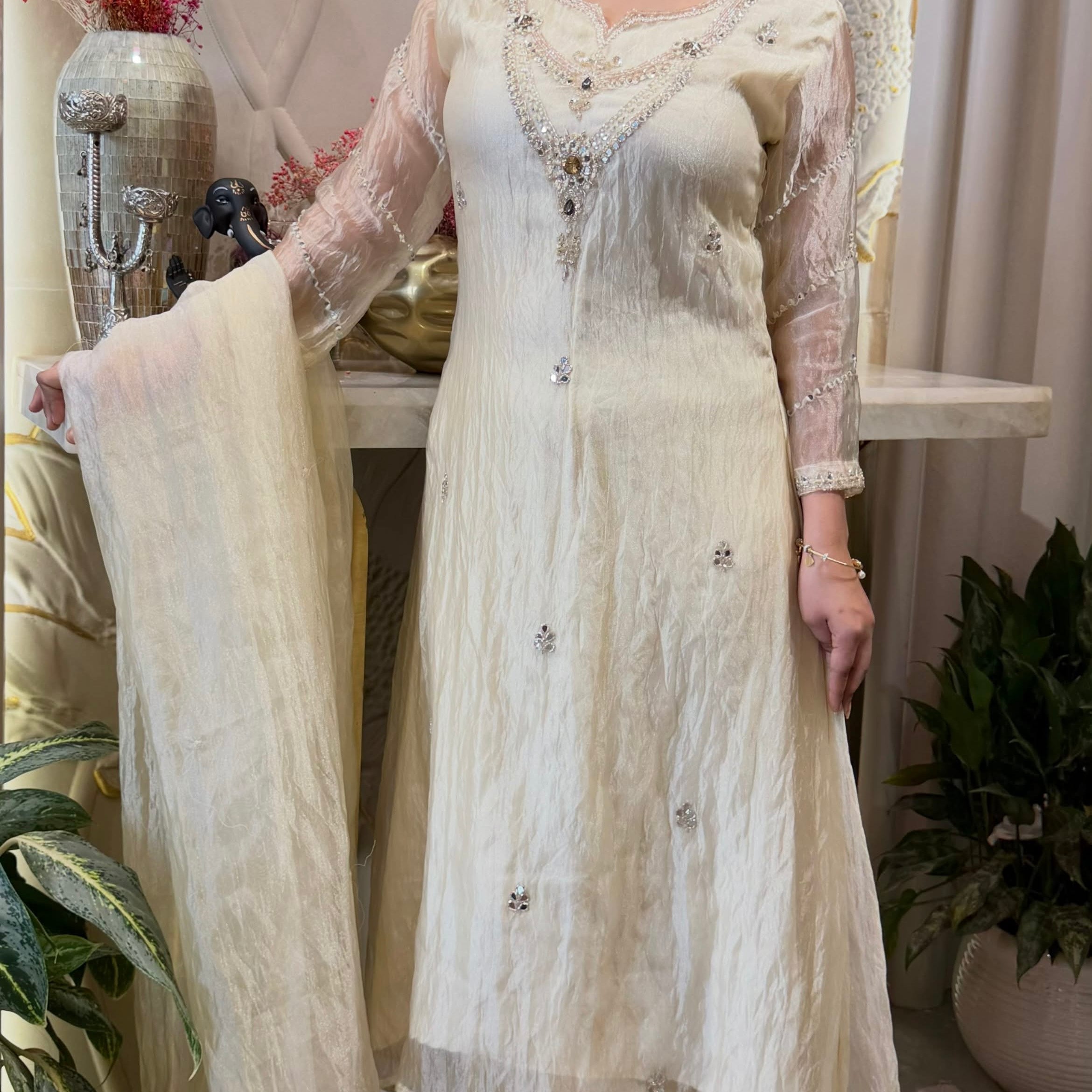 ✨Farah- Ivory Champagne Tisuse A-Line Kurta set