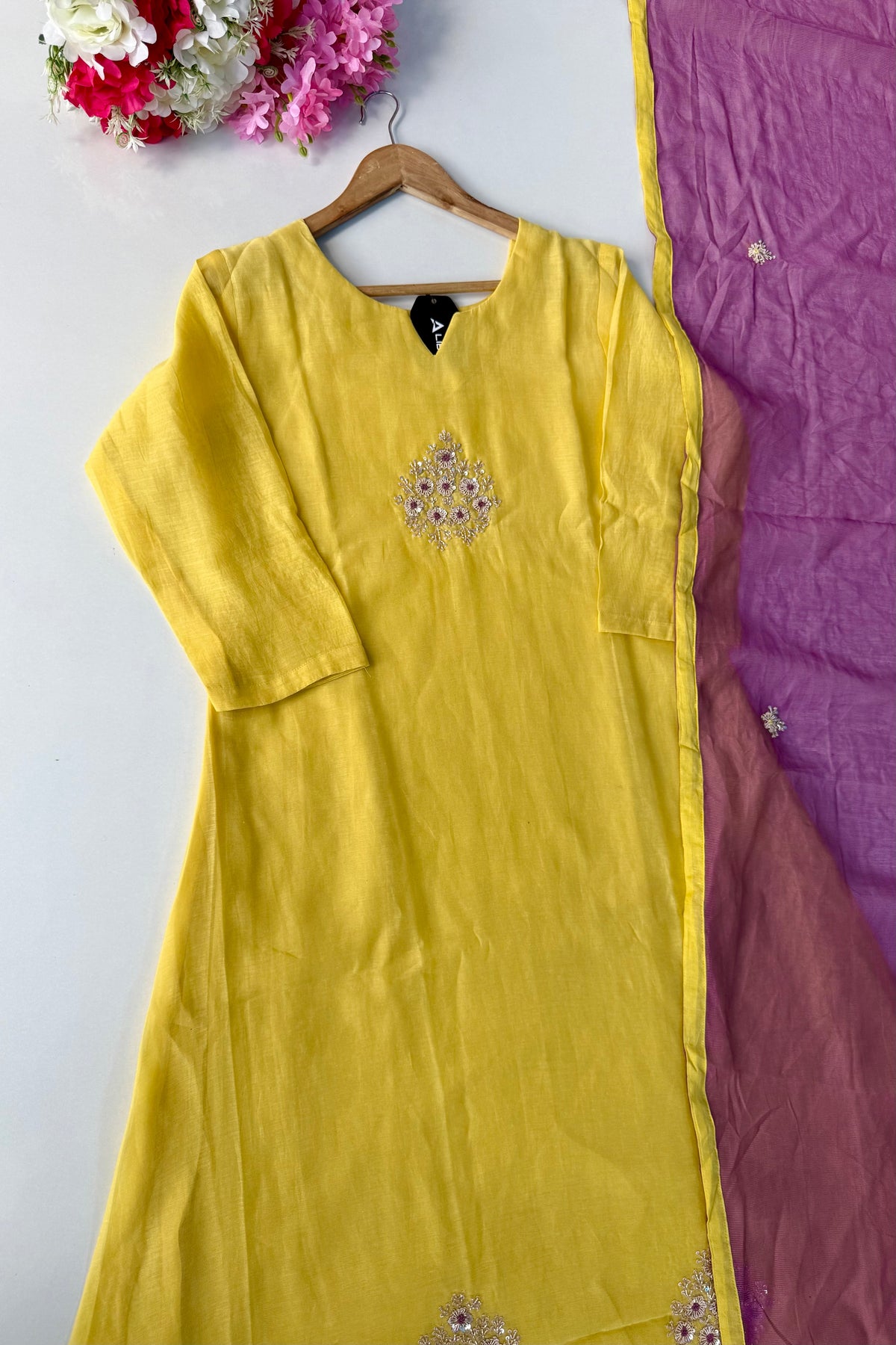 🛍️”Sinthya –  Premium Yellow Mul Chanderi A Line Kurta Set