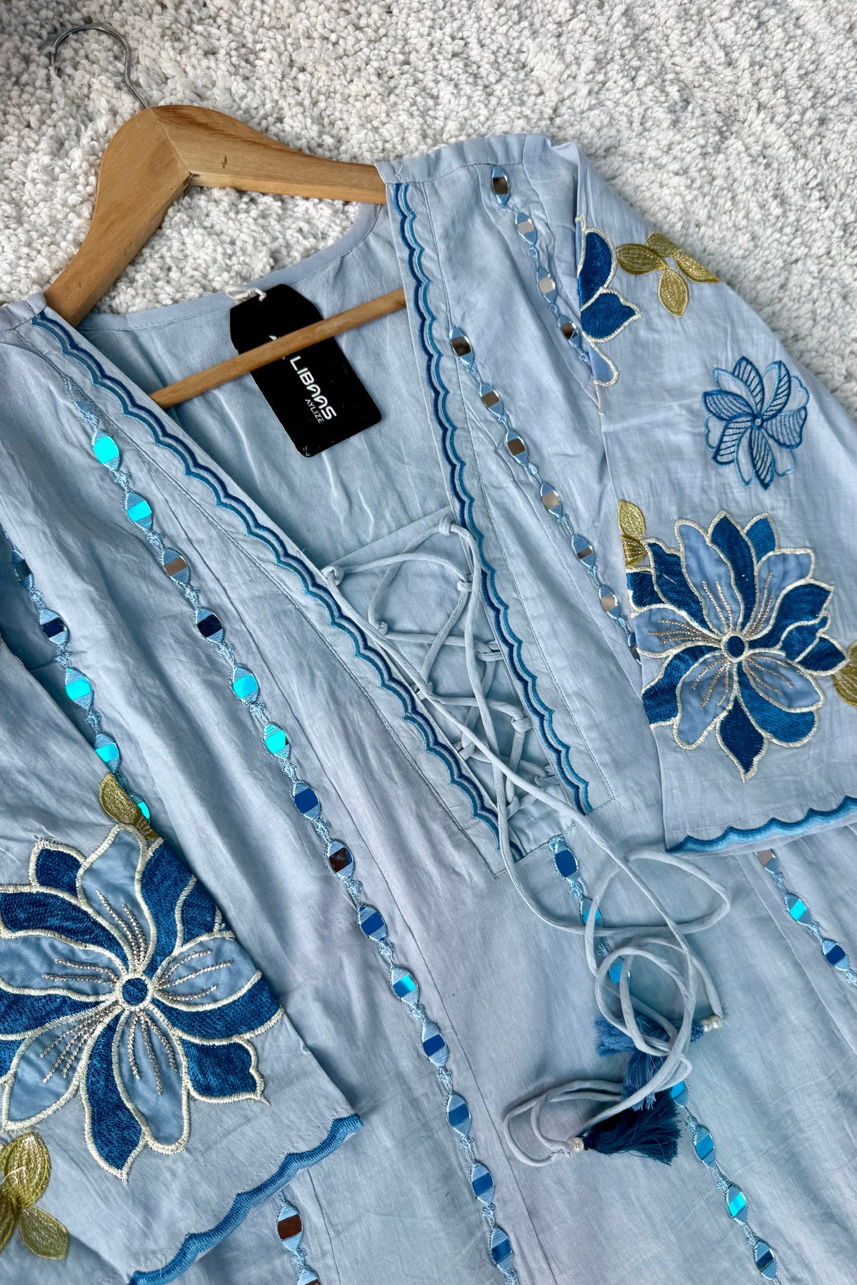 ✨AZ07 - Mirror work Powder Blue Cotton Anarkali Kurta set