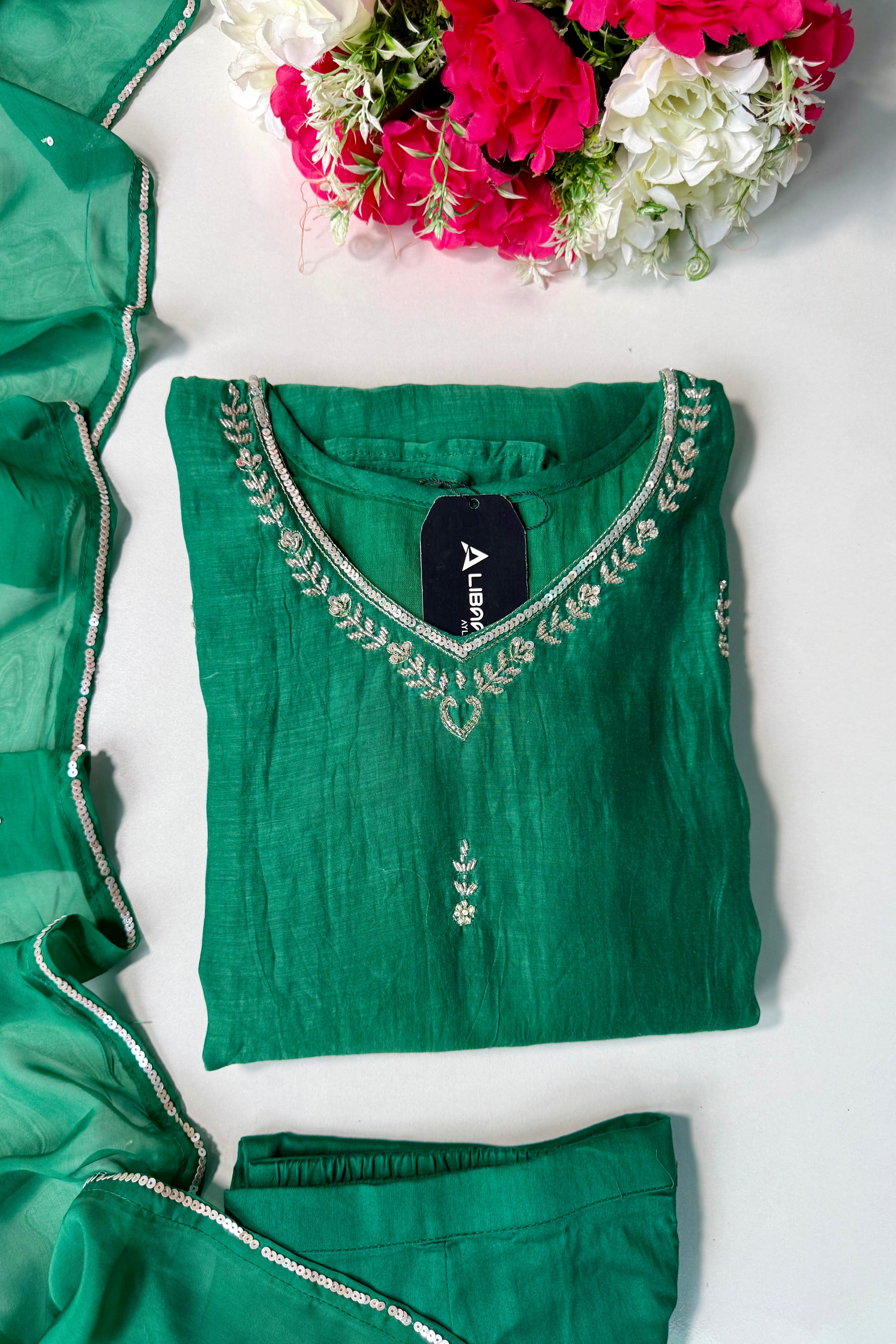✨”Eshal - Premium Green Mul Chanderi A-Line Kurta Set