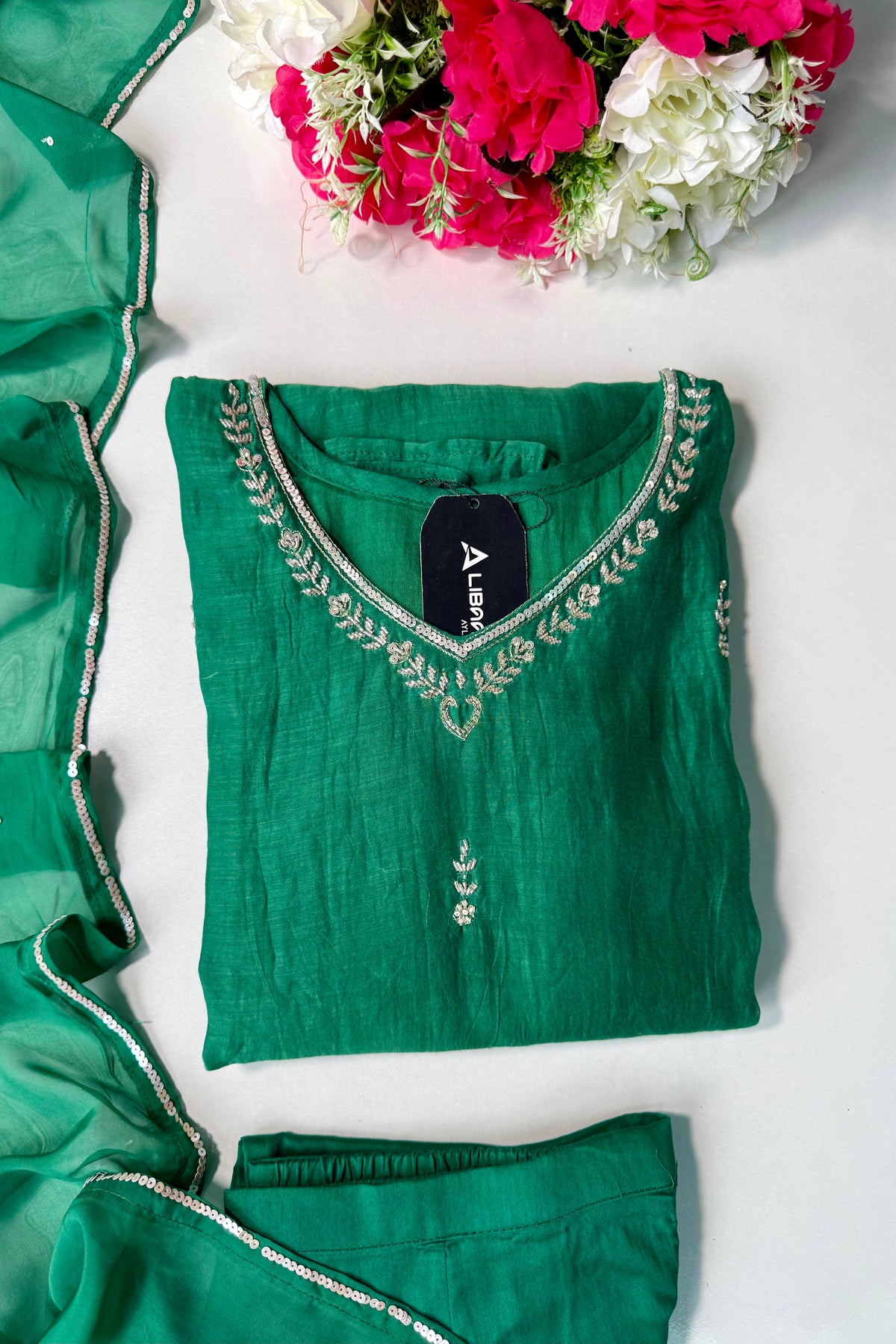✨”Eshal - Premium Green Mul Chanderi A-Line Kurta Set