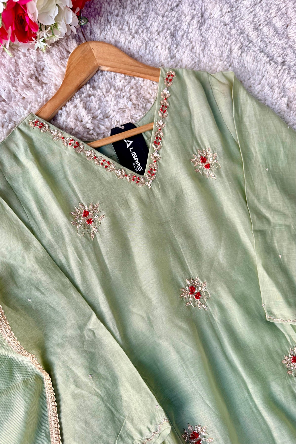 ✨Aabira – Premium Pista Green Mul Chanderi Anarkali kurti set