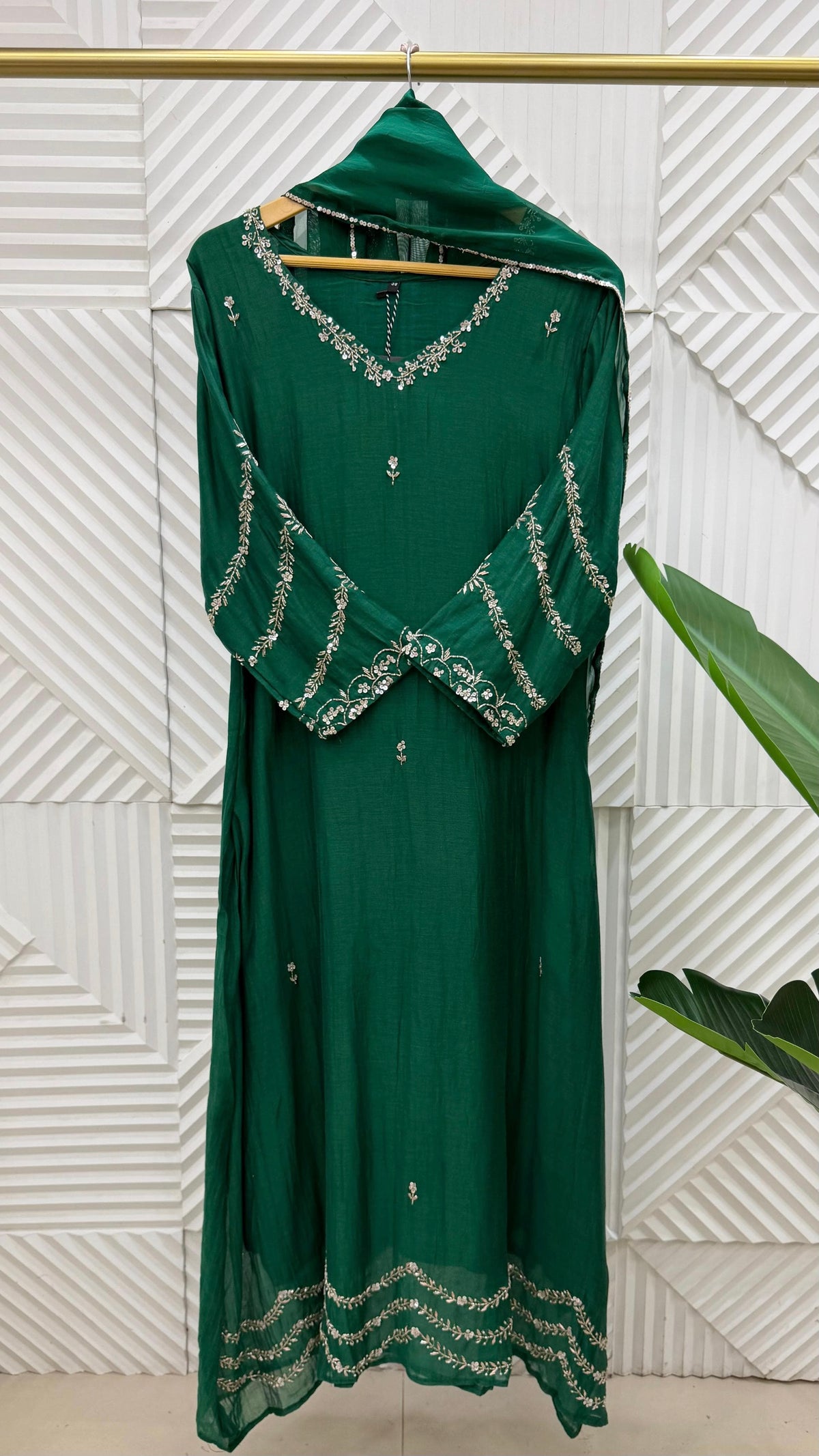 ✨”Eshal - Premium Green Mul Chanderi A-Line Kurta Set