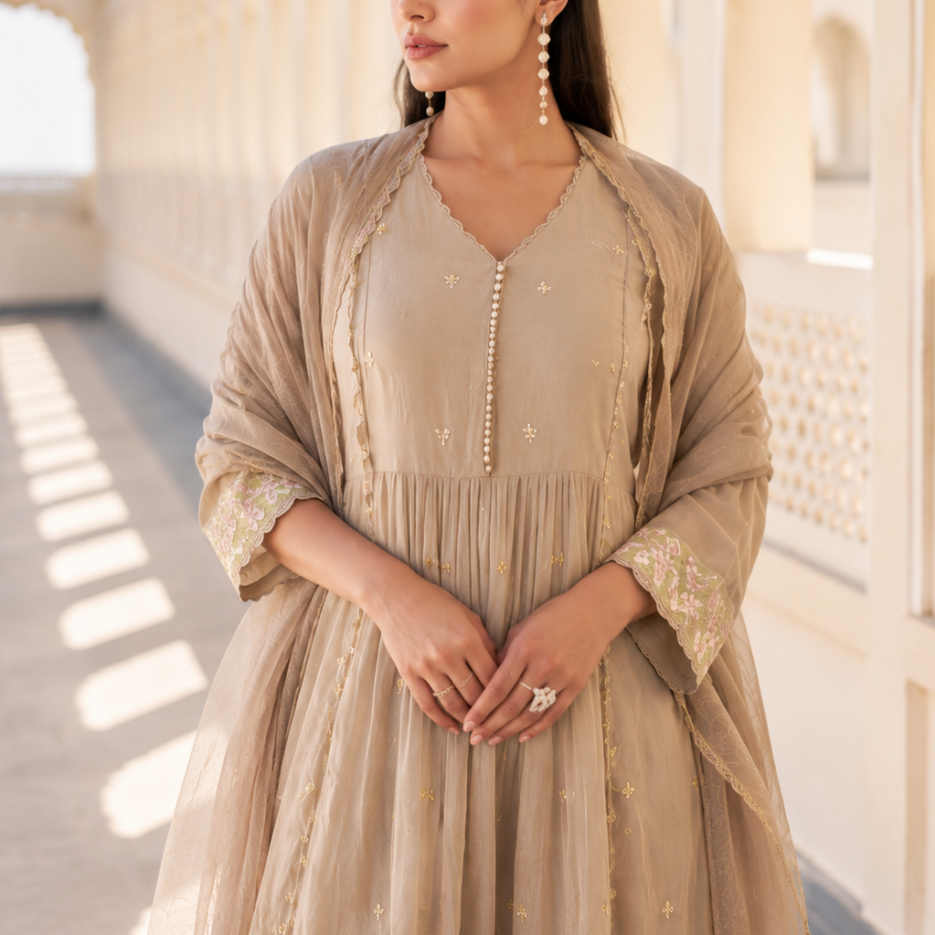 “Sana” Premium Sand Beige Cotton Embroidered Anarkali kurta set